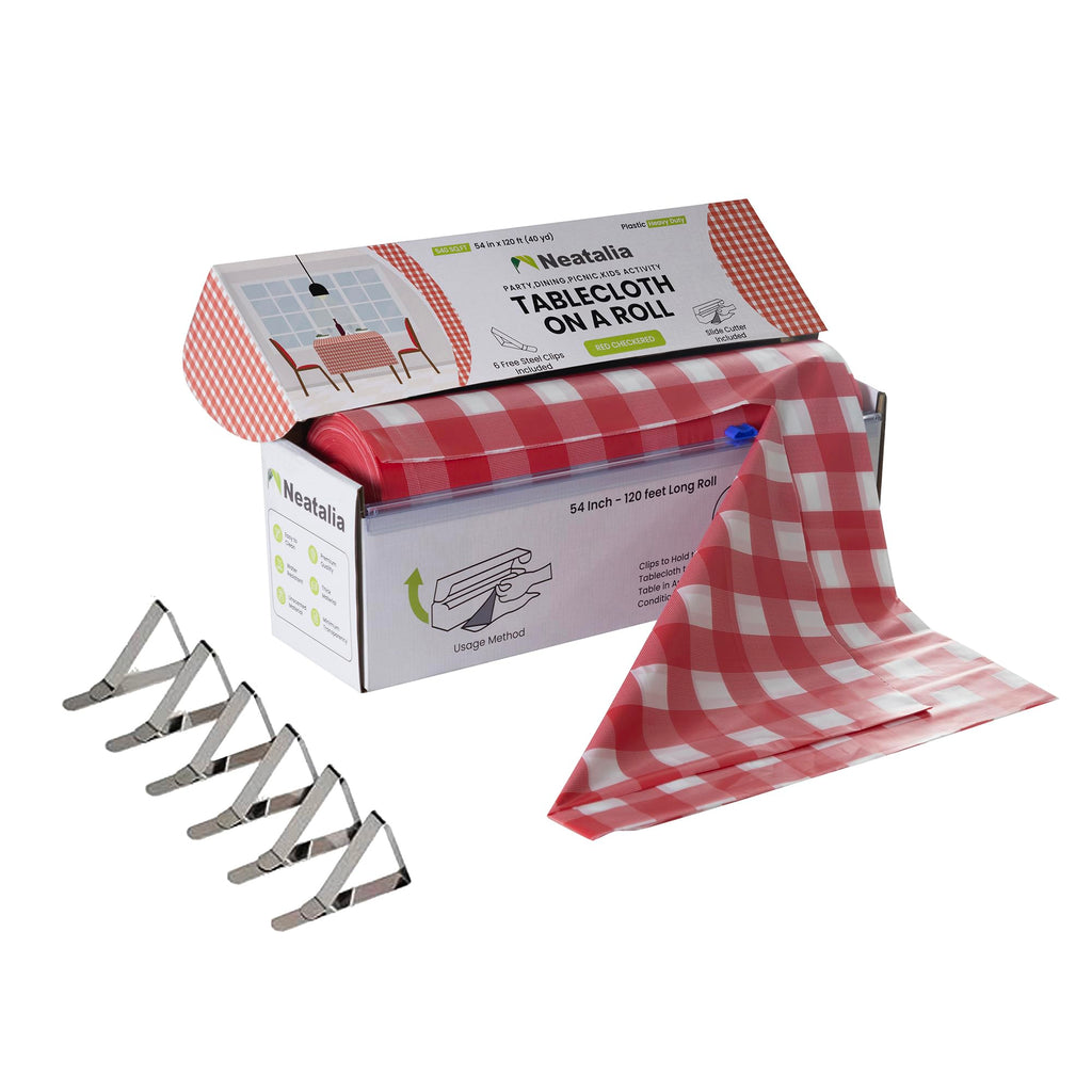 Neatalia Red Checkered Plastic Table Cover Roll - 54 in X 120 Ft - Disposable Red Checkered Table Cloth Roll with Cutter Box Great for Parties and Banquets Disposable Tablecloth Rolls | 6 Cover Clips