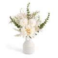 Mkono Small Artificial Flowers in Ceramic Vase 13.5" Centerpieces Coffee Table Decor, Silk Flower Arrangements for Home Decor Indoor Fake Flower Bouquet for Dining Room Kitchen Wedding, White