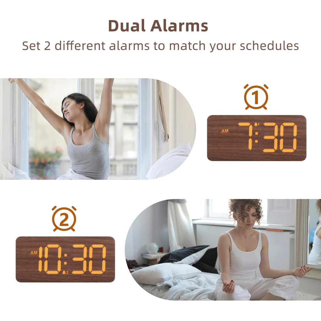 Wooden Digital Alarm Clocks for Bedrooms: Dimmable Dual Alarm Clock with Large Numbers for Bedside Desk - Loud Alarm for Heavy Sleepers with Volume Control - Wood Decor & Gifts