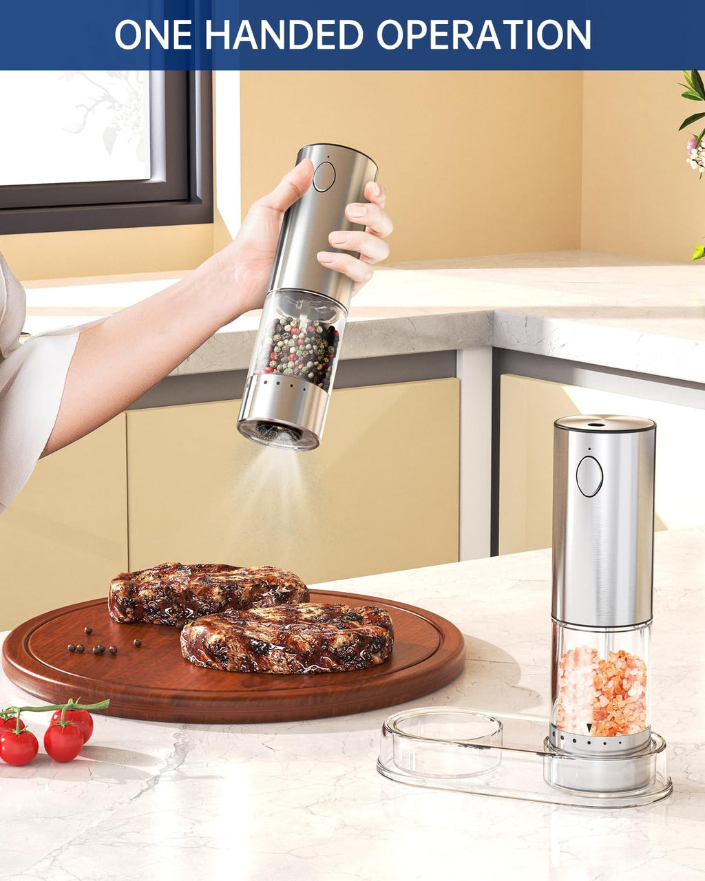 CIRCLE JOY Rechargeable Salt and Pepper Grinder Set with 6 Levels External Coarseness Adjustment, Stainless Steel Electric Salt Shaker and Dustproof Storage Base, 95ml Container, Led Light