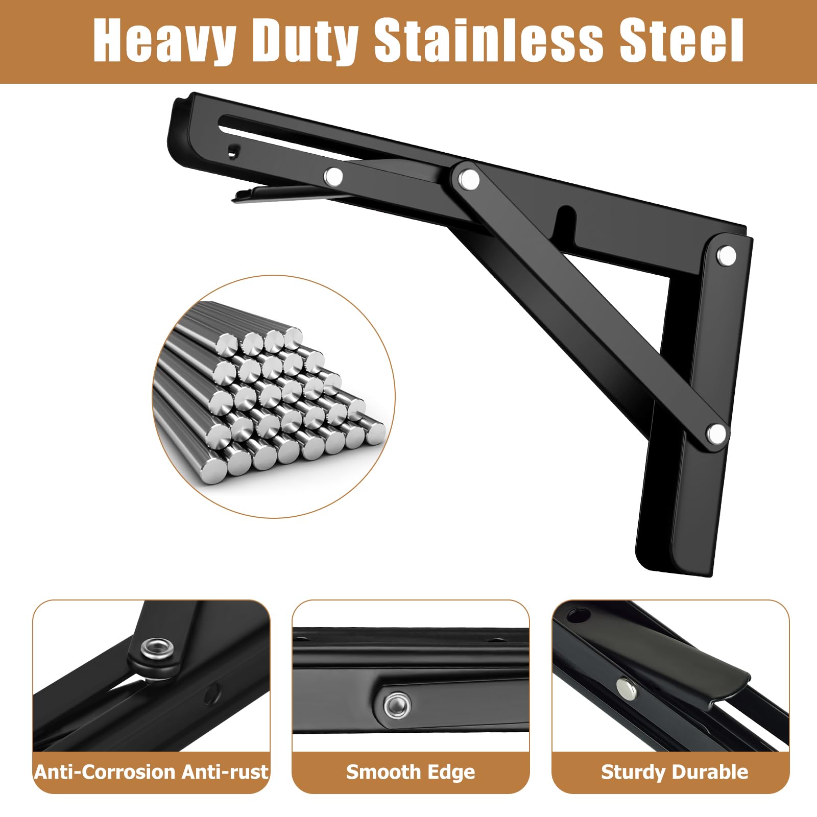 4 Pcs Folding Shelf Brackets, 8 inch Heavy Duty Foldable Triangle Shelving Brackets with Screws, Black Metal Wall Mounted Brackets for Bench Table, Space Saving, Shelves Support DIY