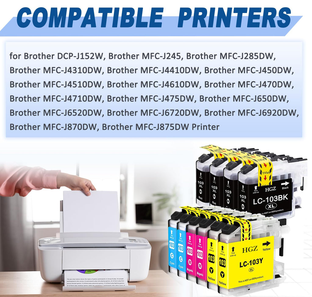 HGZ LC103XL Compatible Ink Cartridges Replaccement for LC103 LC103XL LC101XL Used for MFC J870DW J450DW J470DW J650DW J4410DW J4510DW J4710DW J6720 (4Black, 2 Cyan, 2 Magenta, 2 Yellow, 6 Pack)