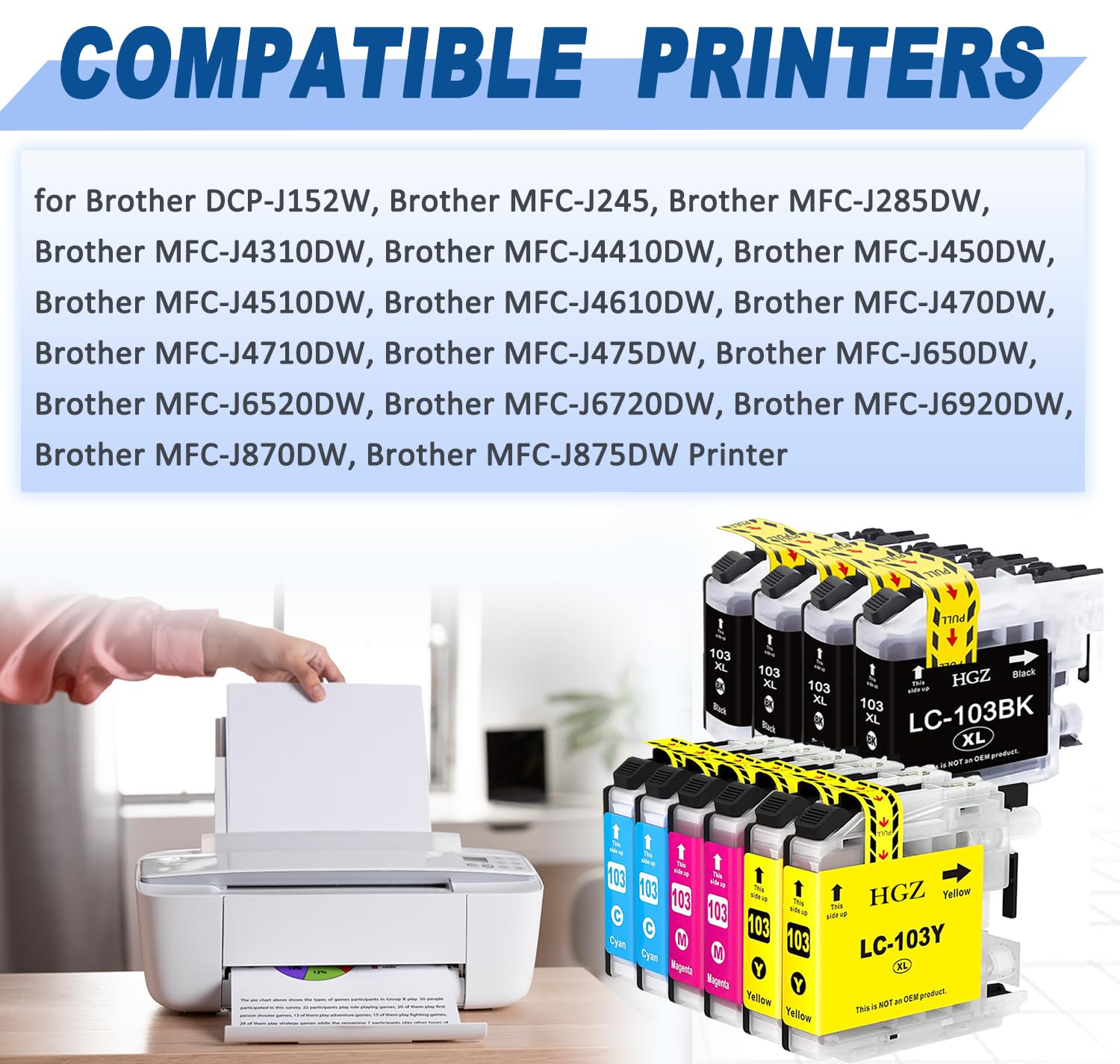HGZ LC103XL Compatible Ink Cartridges Replaccement for LC103 LC103XL LC101XL Used for MFC J870DW J450DW J470DW J650DW J4410DW J4510DW J4710DW J6720 (4Black, 2 Cyan, 2 Magenta, 2 Yellow, 6 Pack)