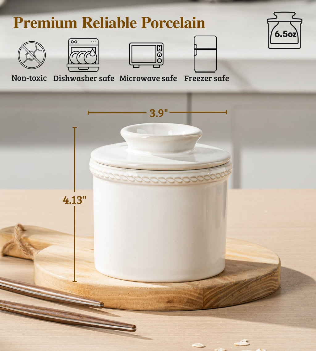 JERSINWEI Butter Crock with Lid, French Butter Dish for Countertop, Ceramic Butter Keeper Keeps Butter Soft & Spreadable Without Refrigeration, Vintage Kiln Glaze White Design, 8 oz / 230 ml