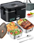 Electric Lunch Box Food Heater - 100W Fast Heating Lunch Box 12V/24V/110-230V Warming Lunchbox, Dual 1.8L Containers, Portable Food Warmer for Car/Truck/Travel, with Spork & Carry Bag (Black)