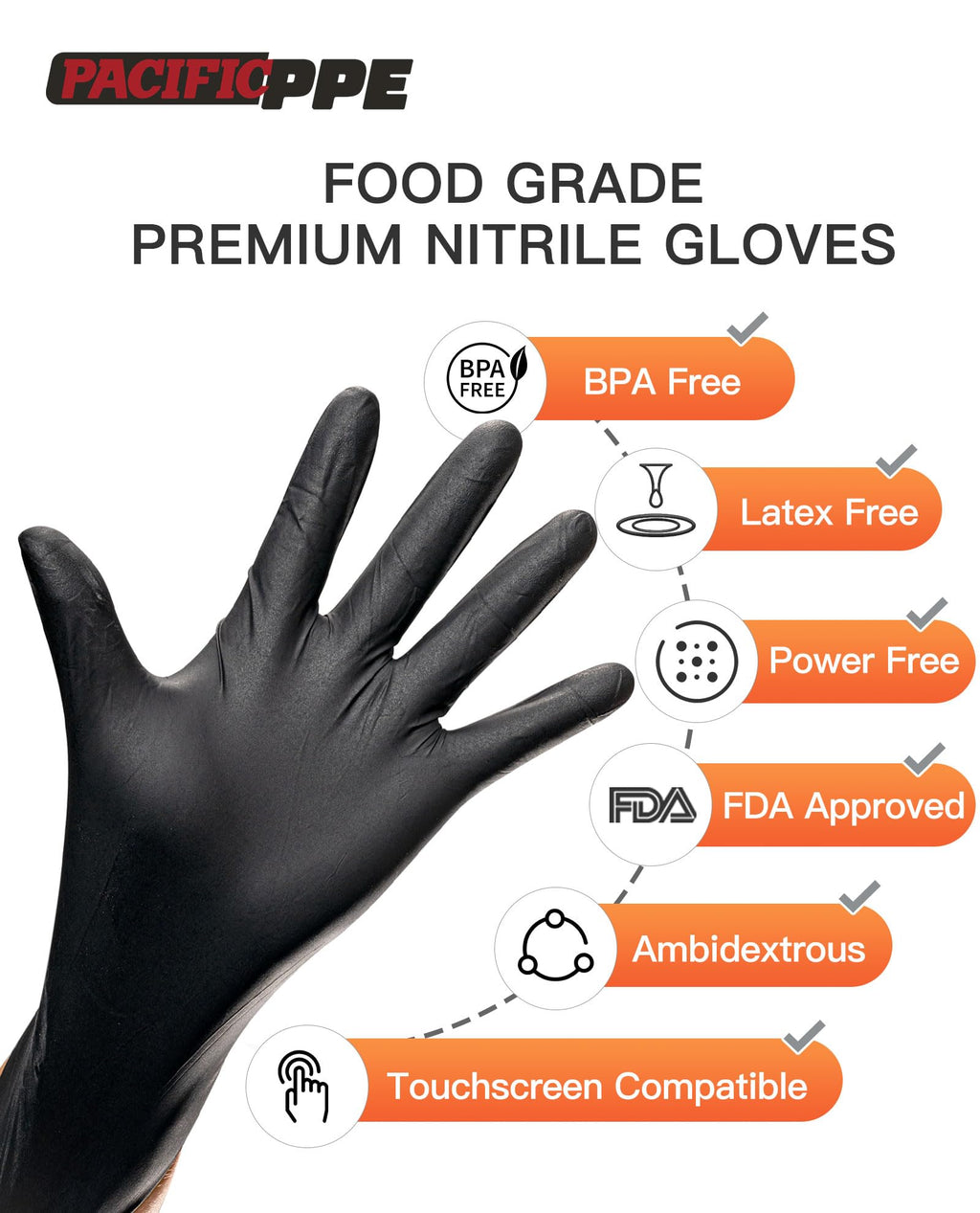 PACIFIC PPE 6-mil Black Nitrile Disposable Gloves, Food-Safe, Cooking & Cleaning, Powder-Free, Heavy-Duty, Textured Fingertips, Latex-Free, 100 Count, Medium