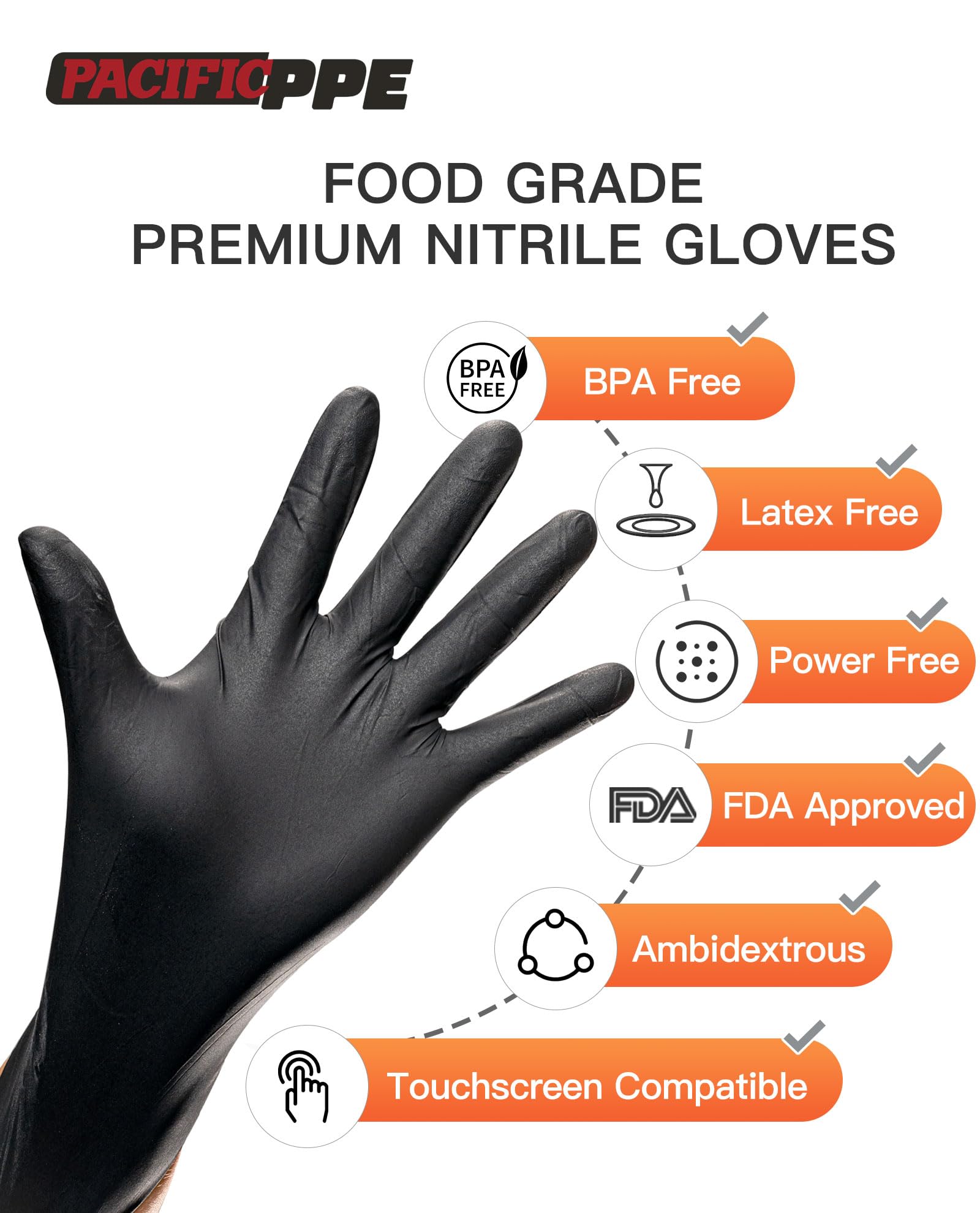 PACIFIC PPE 6-mil Black Nitrile Disposable Gloves, Food-Safe, Cooking & Cleaning, Powder-Free, Heavy-Duty, Textured Fingertips, Latex-Free, 100 Count, Medium