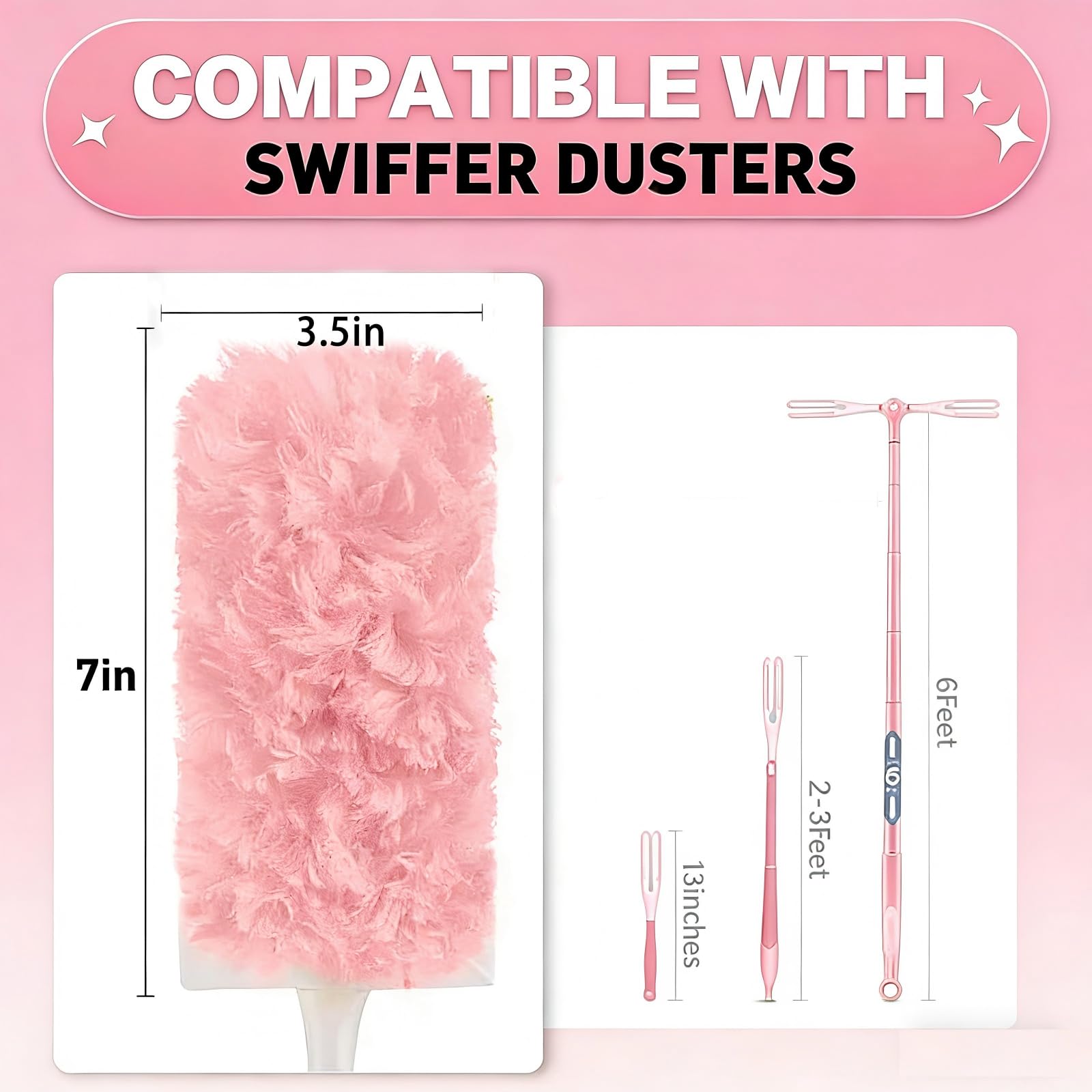 30 Count Pink Duster Refills Compatible with Swiffer Handle, 360° Multi-Surface Duster Refills with 2 Handle, 5X Microfibers Disposable Dusters for Cleaning Pet Hair, Home, Office, Blinds, Furniture