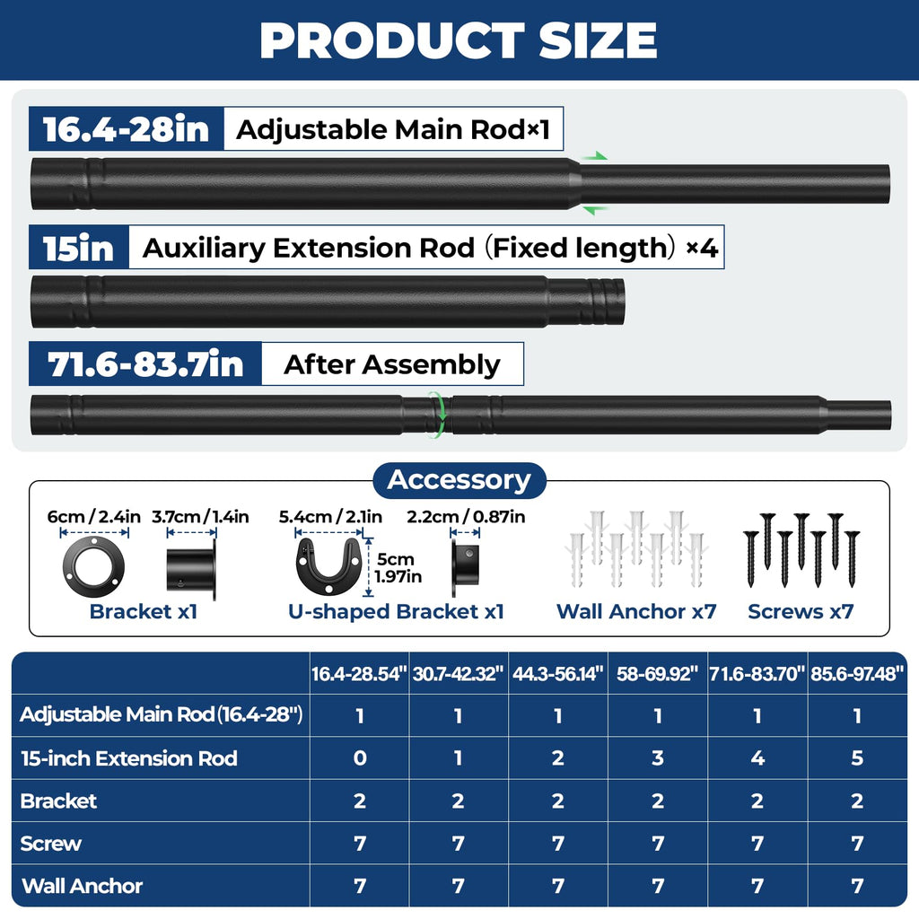 Mavivegue Closet Rod, 17 to 84 Inch Adjustable Closet Rods for Hanging Clothes, Heavy Duty Tension Rod, Black Curtain Rod, for Closet, Wardrobes, Bathroom, Laundry