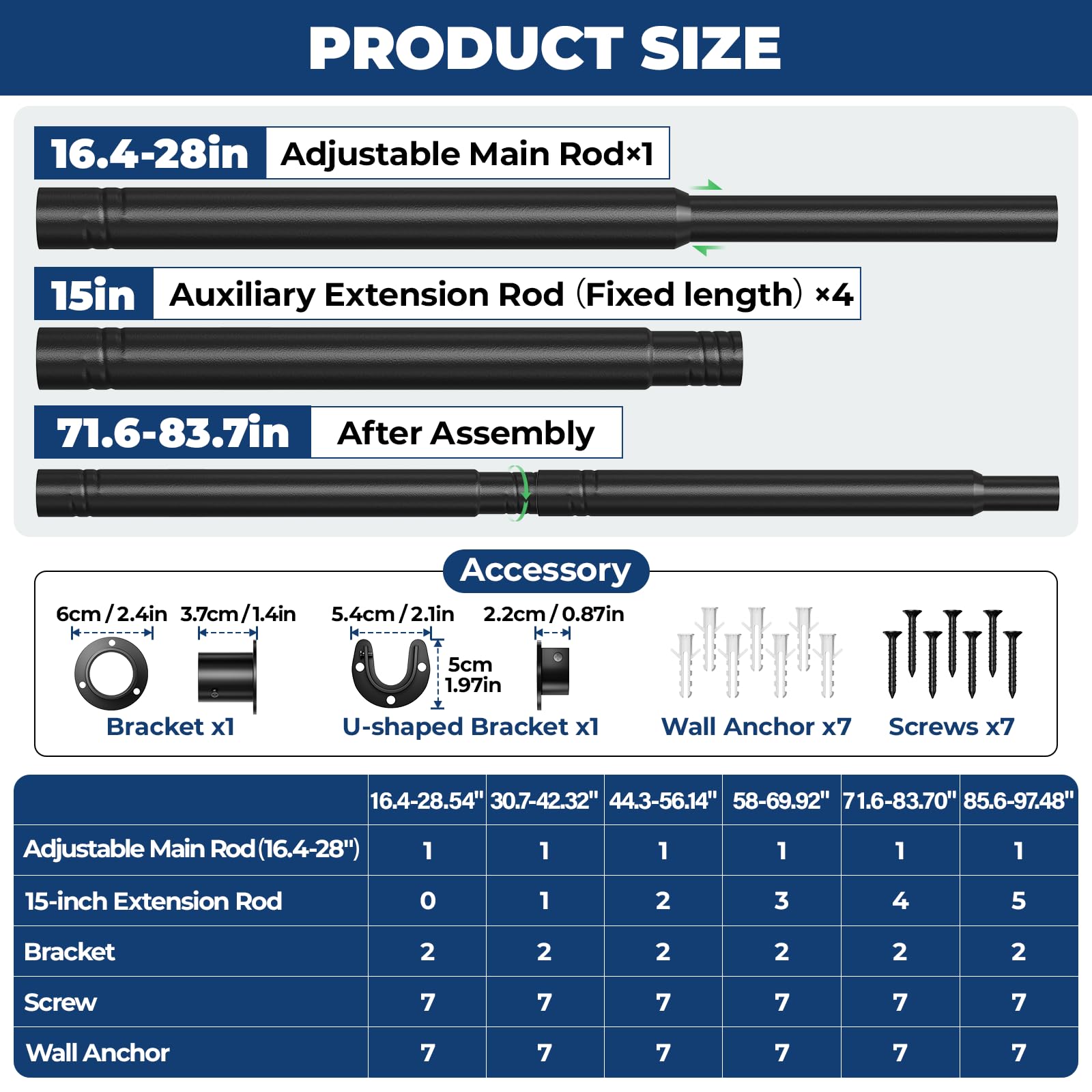 Mavivegue Closet Rod, 17 to 84 Inch Adjustable Closet Rods for Hanging Clothes, Heavy Duty Tension Rod, Black Curtain Rod, for Closet, Wardrobes, Bathroom, Laundry