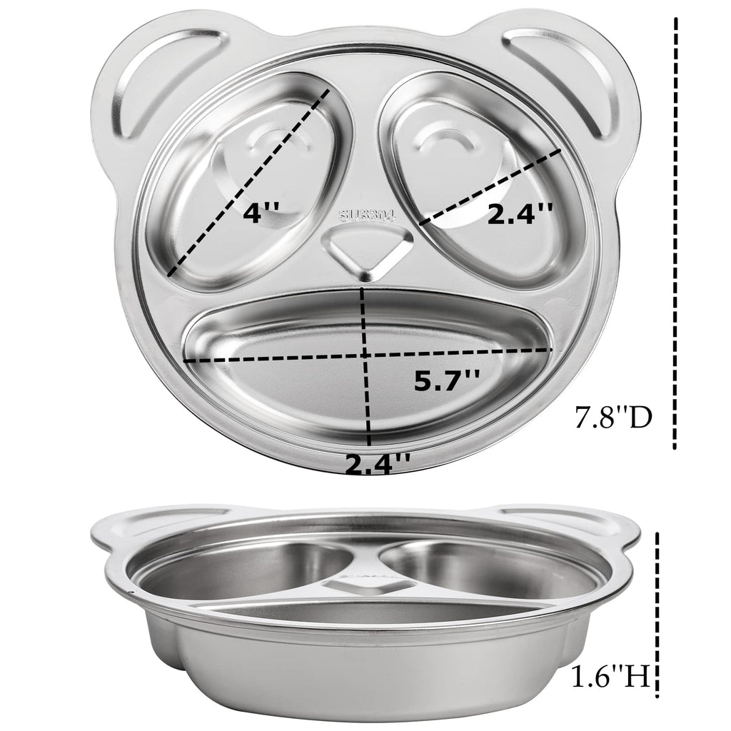 Lyellfe Set of 4 Stainless Steel Divided Plates, 3 Sections Unbreakable Dinner Plates, Cute Panda Shape Divided Plates for Picky Eaters, Lunch, Camping