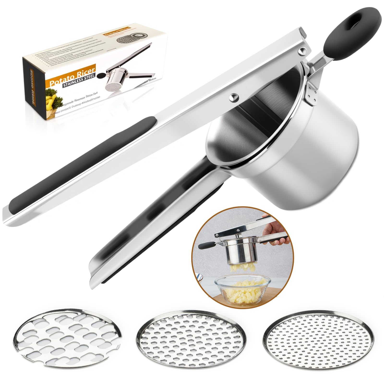 Roryimke 15oz Potato Ricer Heavy Duty Stainless Steel 3 Interchangeable Discs Potato Masher Spaetzle Maker with Silicone Handle Kitchen Tool Perfect Ricer for Mashed Potatoes