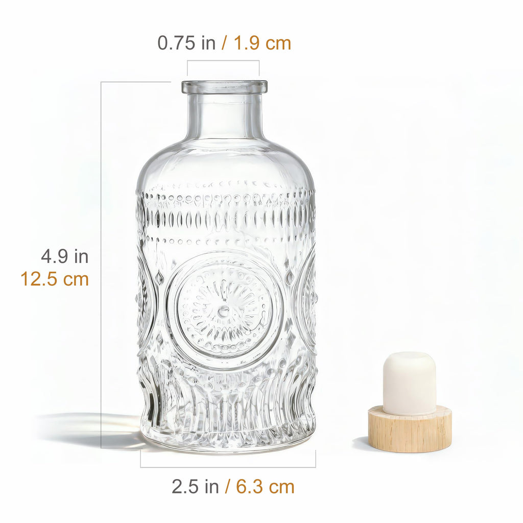 Kingrol 9 Pack 7 oz Glass Liquor Bottles with T-Top Stoppers, Vintage Sunflower Embossed Bottles, Small Glass Bottles for Whiskey, Wine, Syrups, Vanilla Extract