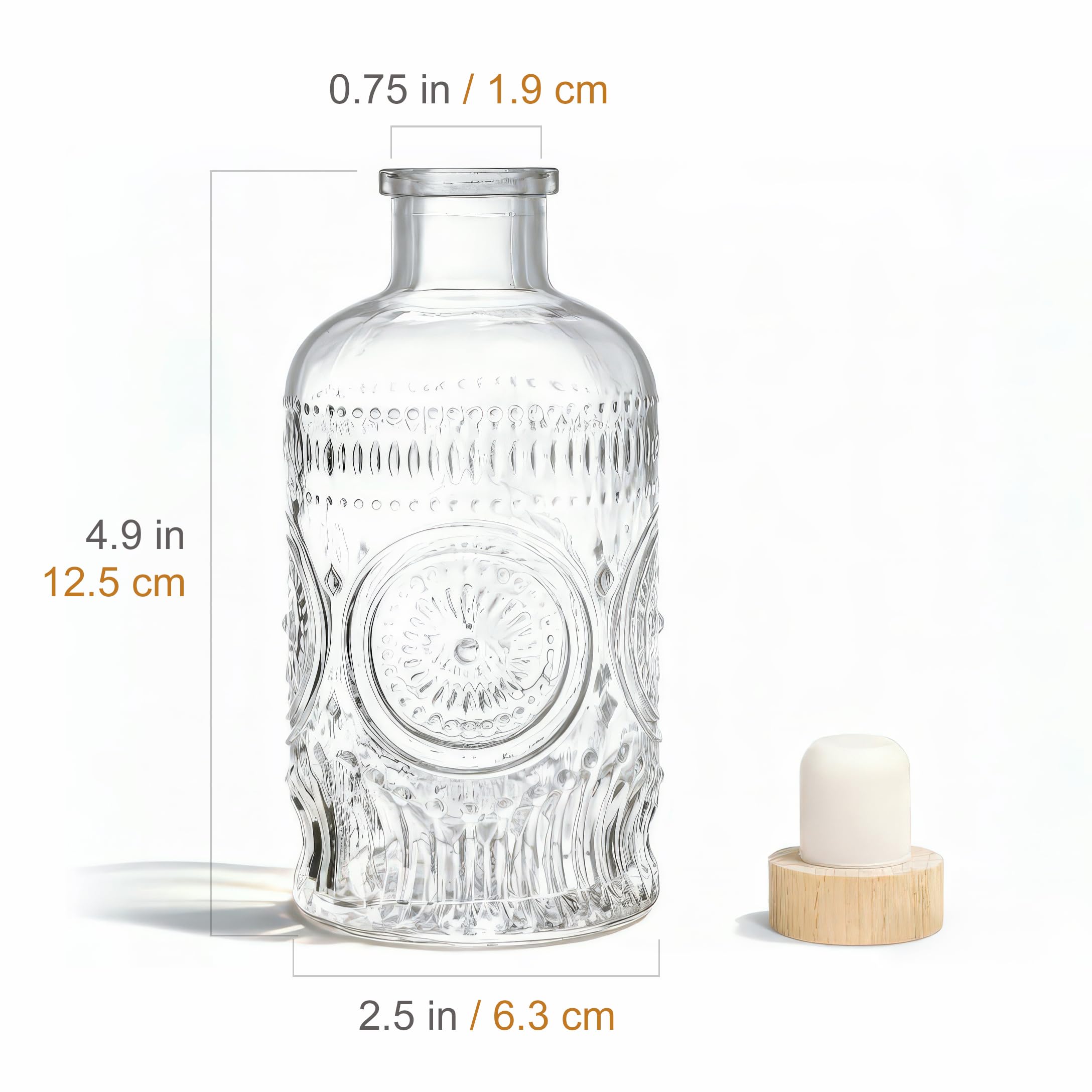 Kingrol 9 Pack 7 oz Glass Liquor Bottles with T-Top Stoppers, Vintage Sunflower Embossed Bottles, Small Glass Bottles for Whiskey, Wine, Syrups, Vanilla Extract