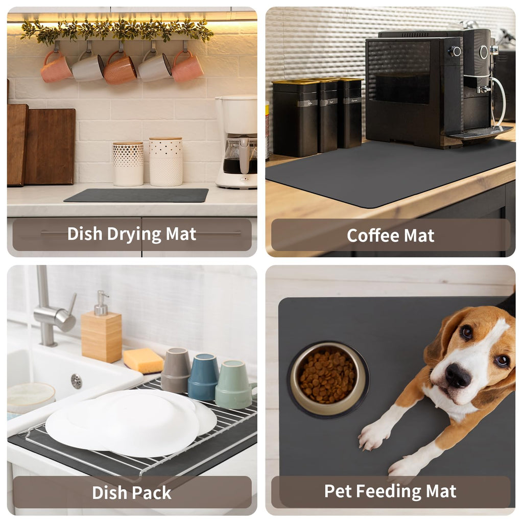MontVoo-Absorbent Dish Drying Mat-Kitchen Counter Rubber Backed Water Absorbing Drying Mat-Hide Stain Under Dish Mat Quick Dry Coffee Mat-Dark Grey 16''x24''