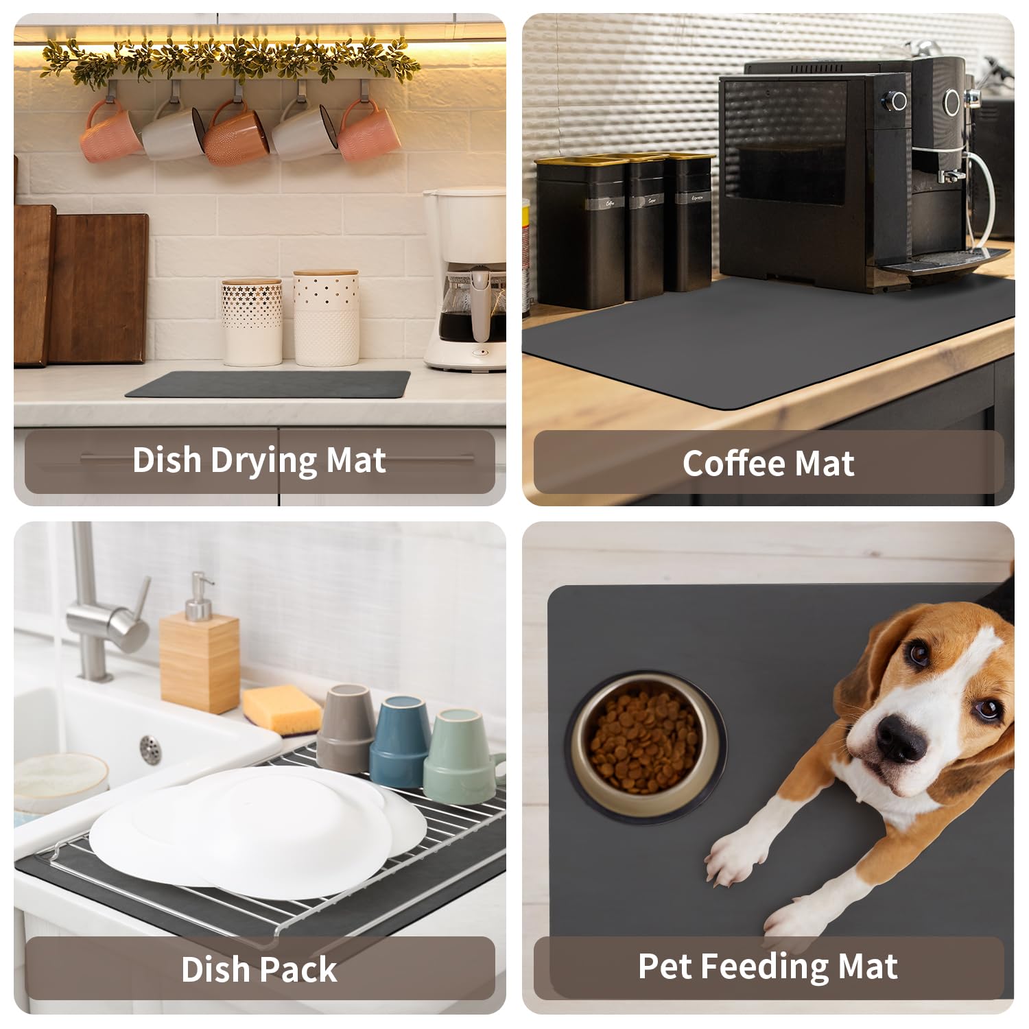 MontVoo-Absorbent Dish Drying Mat-Kitchen Counter Rubber Backed Water Absorbing Drying Mat-Hide Stain Under Dish Mat Quick Dry Coffee Mat-Dark Grey 16''x24''