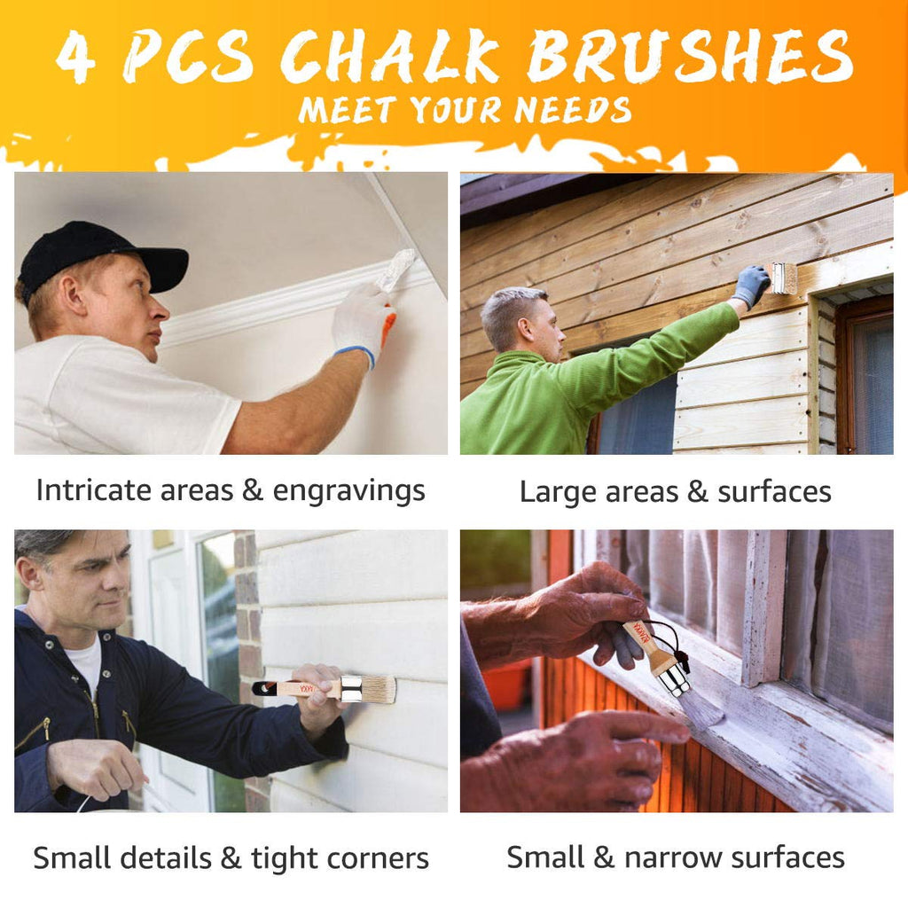 eZAKKA Natural Bristles Wax & Chalk Paint Brush 4-Pack, 1.2‘’, 3.9'' Round & Flat Chip Paint Brushes Set for Furniture Walls Ceilings, 3-Small & 1-Large Paintbrushes for Stain Milk Paint