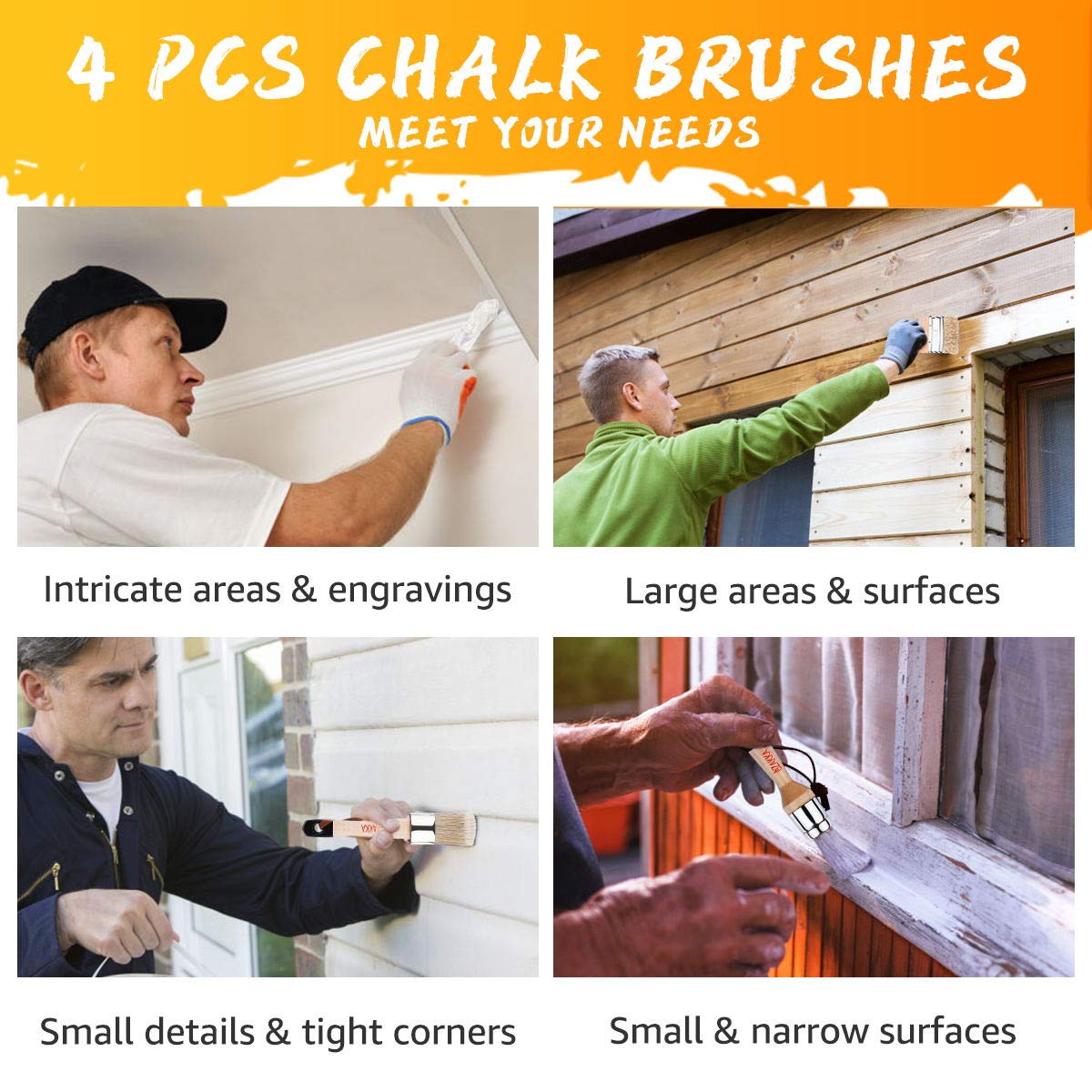 eZAKKA Natural Bristles Wax & Chalk Paint Brush 4-Pack, 1.2‘’, 3.9'' Round & Flat Chip Paint Brushes Set for Furniture Walls Ceilings, 3-Small & 1-Large Paintbrushes for Stain Milk Paint