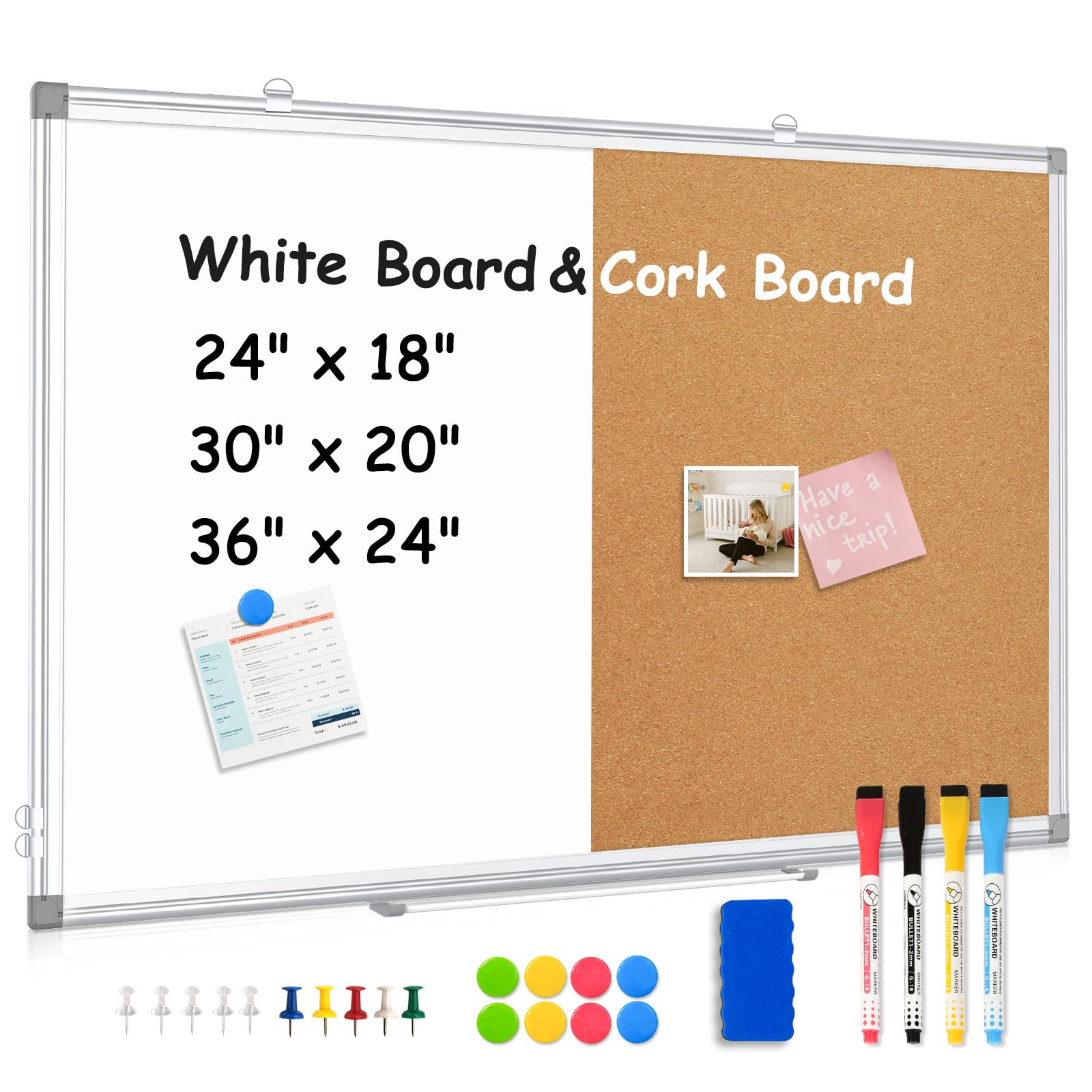 AMUSIGHT Double-Sided Combination Magnetic White Board & Cork Board, 24" x 18" Dry Erase Board & Cork Board Combo for Wall, Hanging Whiteboard for Planning, Kitchen, Memo, School, Home, Office