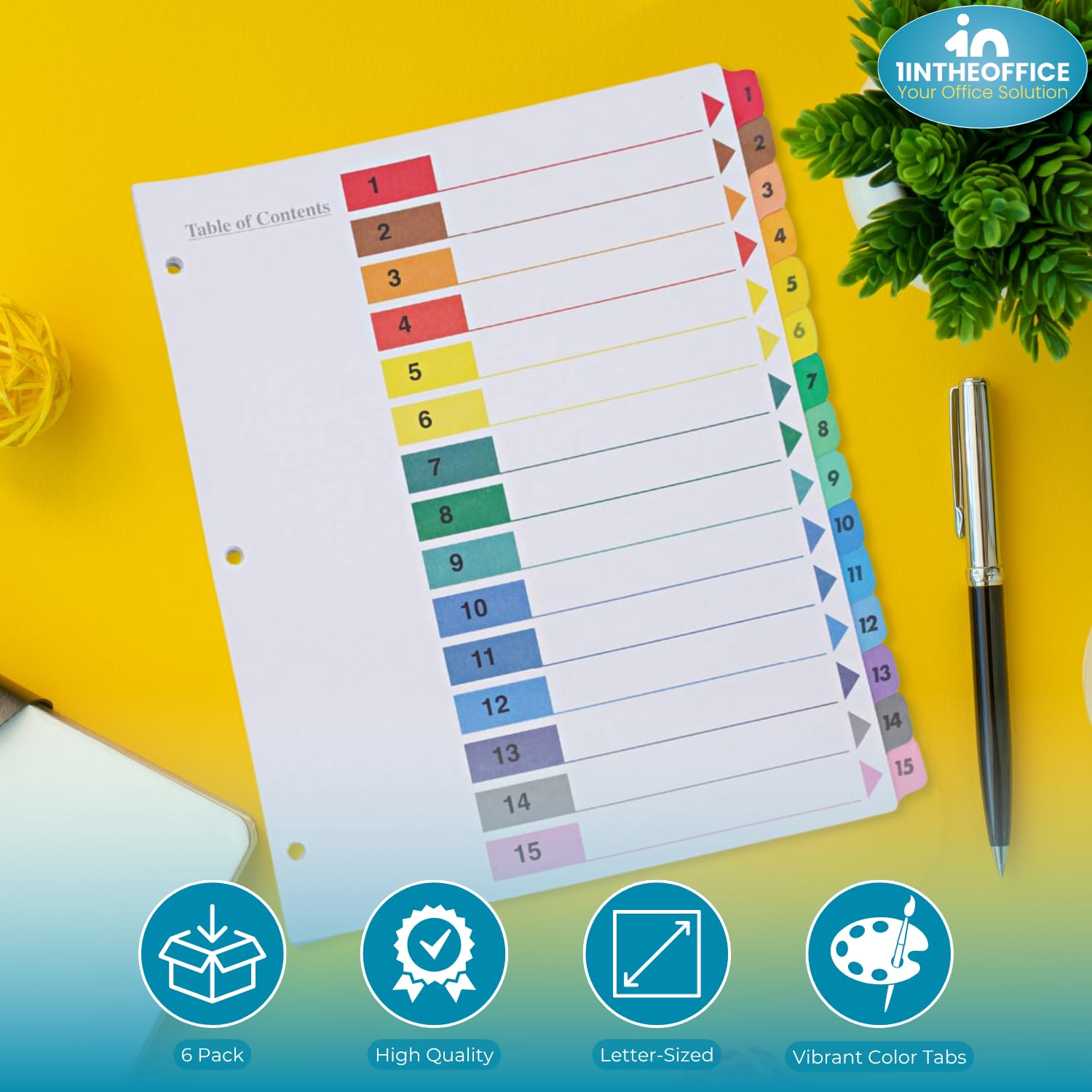 1InTheOffice 15 Tab Dividers for 3 Ring Binders, Table of Contents, 8.5" x 11", Multicolor Tabs, 6 Pack