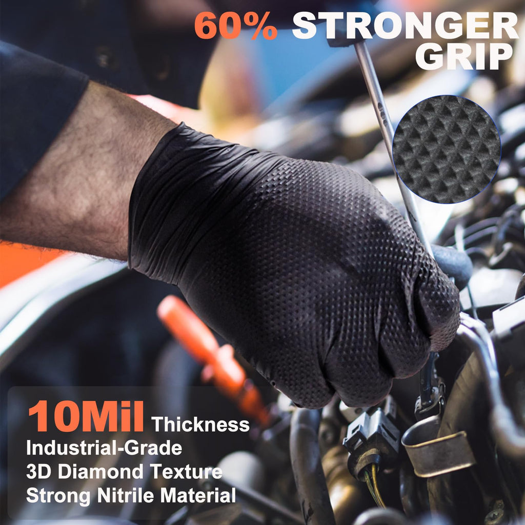 ANBOSON 10 Mil Black Nitrile Disposable Gloves, Mechanic, Safety Work Gloves, Latex & Powder Free, Fully Diamond Textured (Black of 100, Large)