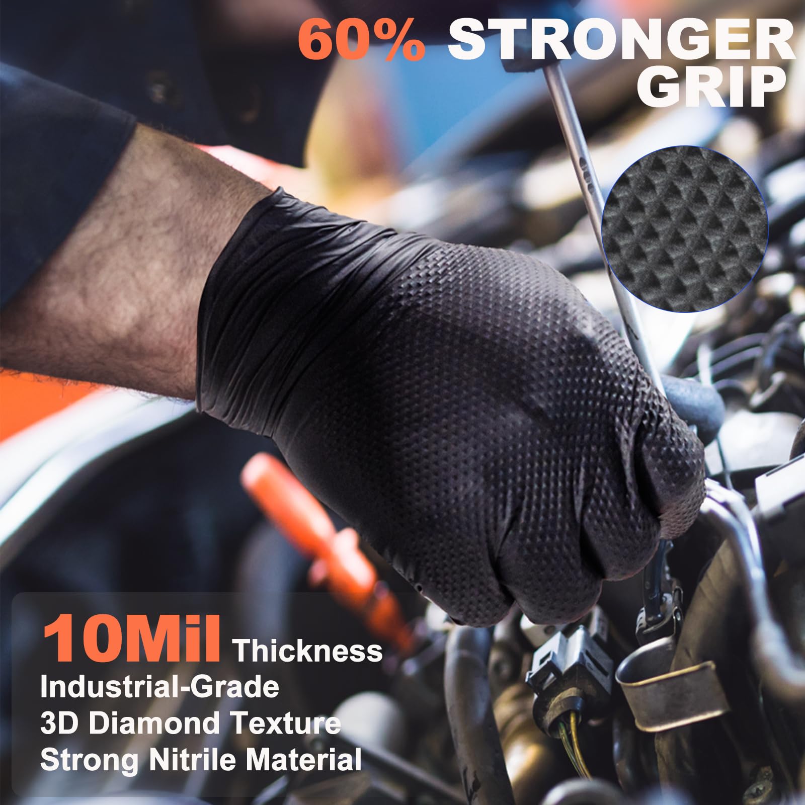 ANBOSON 10 Mil Black Nitrile Disposable Gloves, Mechanic, Safety Work Gloves, Latex & Powder Free, Fully Diamond Textured (Black of 100, Large)