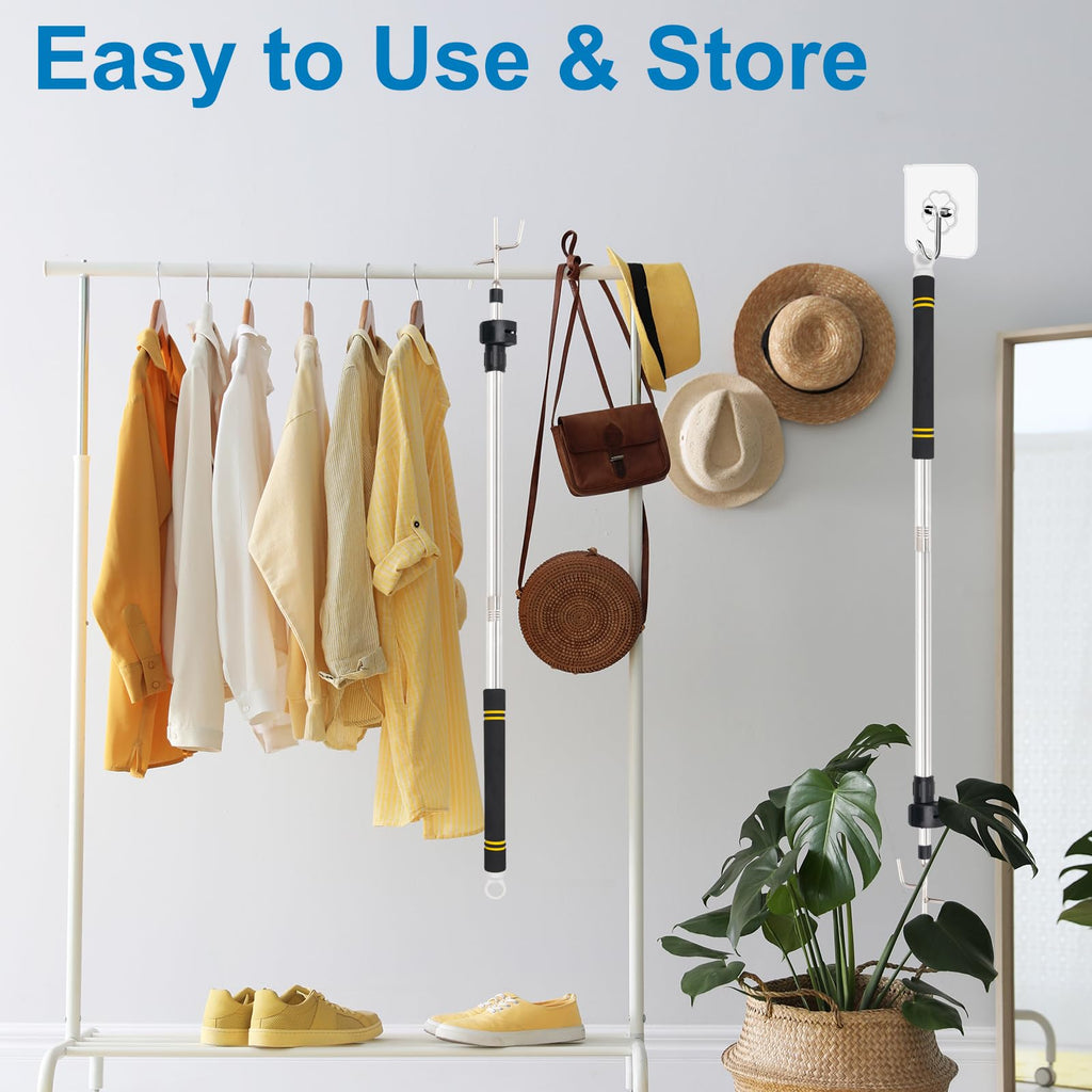 Greeily Clothes Hanger Reaching Hook, High Reach Garment Hook Telescopic Adjustable 37" to 63" for Hanging Clothes Plants Bird Feeders Christmas Light Pole Stainless Steel Material with 2 Long Hooks