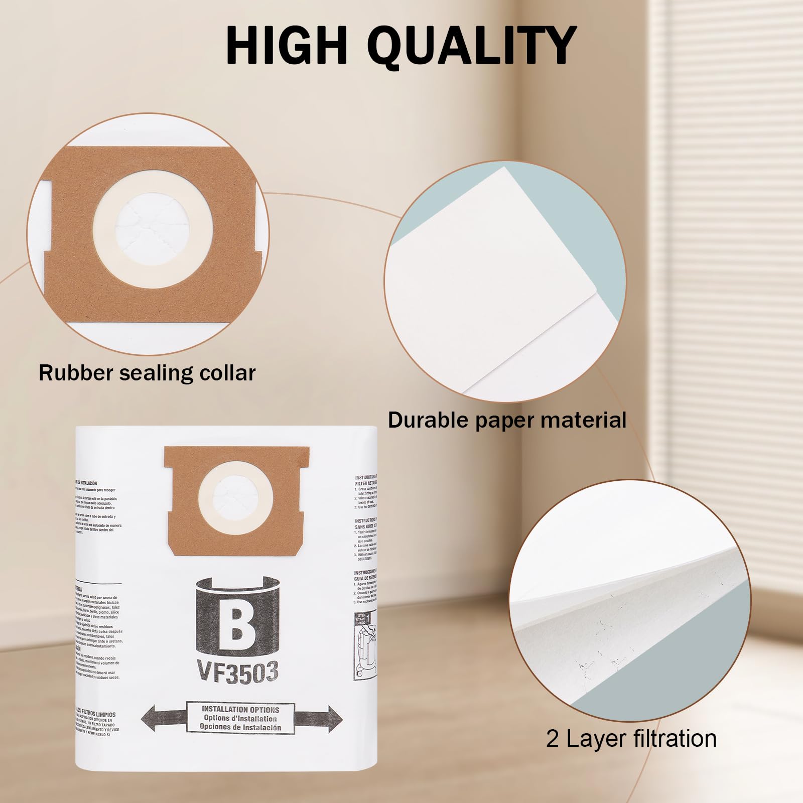 Replacement Bags for Ridgid VF3503 - High Efficiency Dust Filter Bags 5 to 9 Gallon for Ridgid Vacuum Cleaner VF3503 (7 Pack)