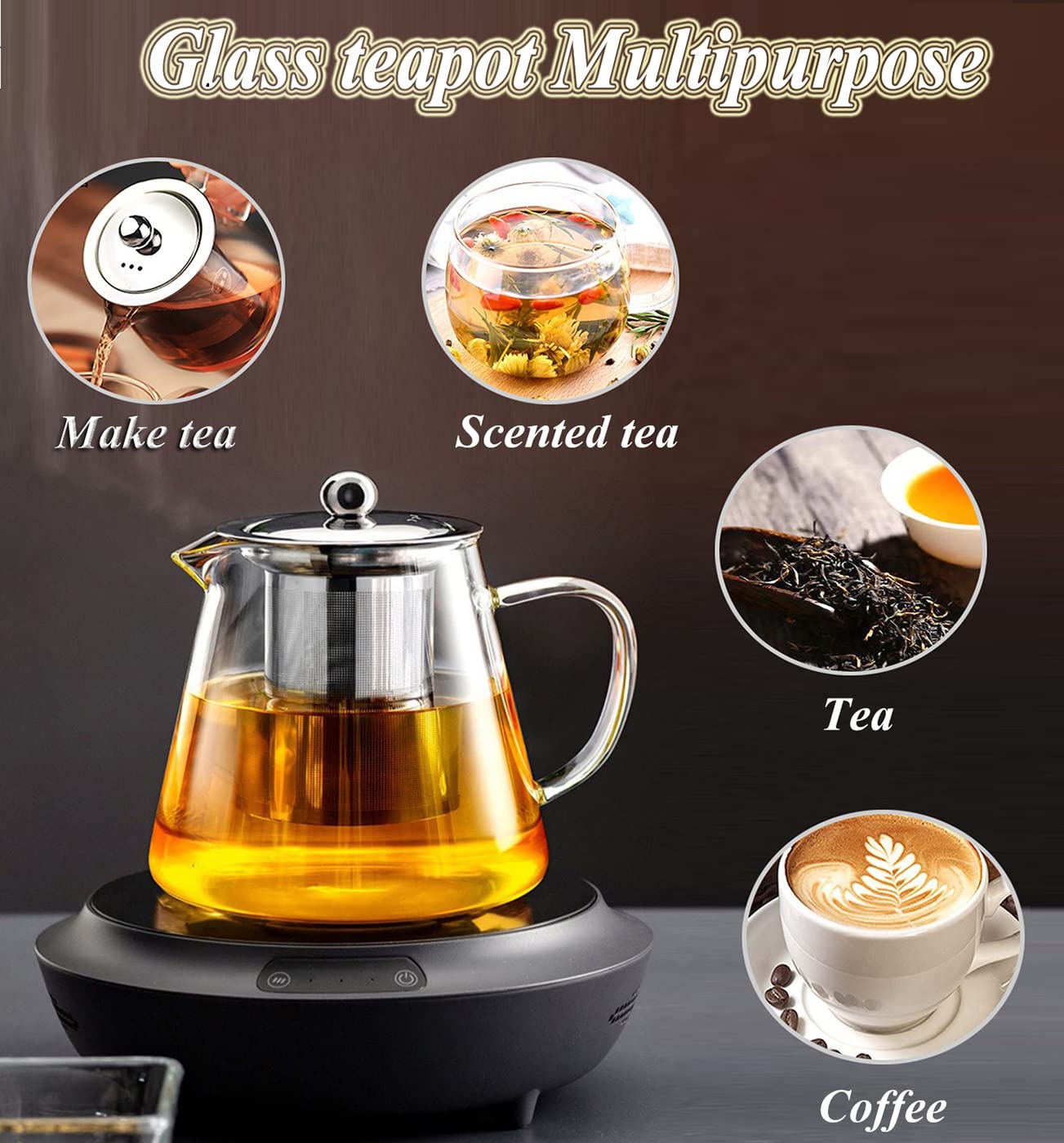 Glass Teapot with Removable Stainless Steel Infuser, Borosilicate Glass Tea Pot with Strainer,for Blooming Tea & Loose Leaf Tea, Microwave & Stovetop Safe (950ML/32oz)