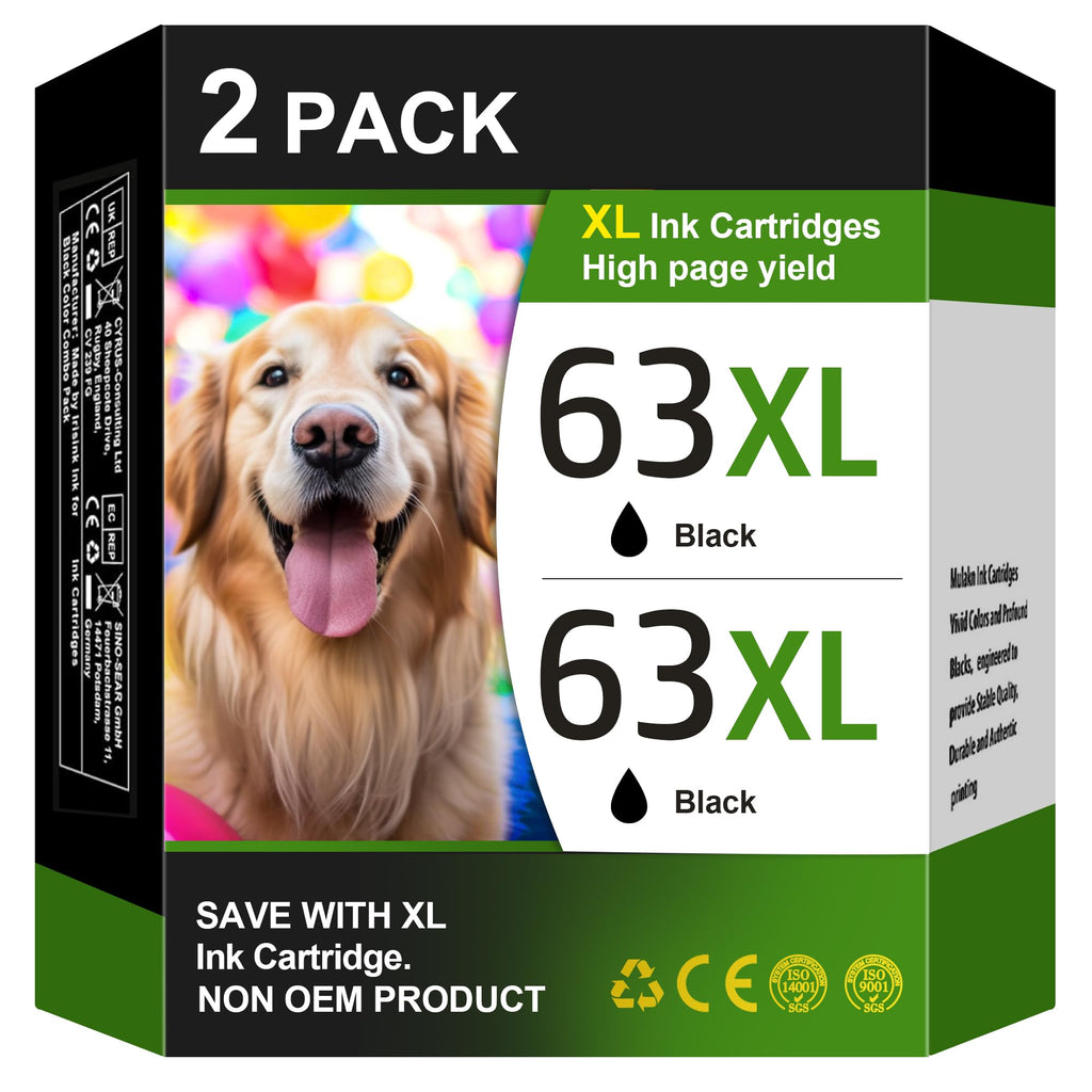 63XL Black High-Yield Ink Cartridge for HP 63 Black Ink Cartridge Replacement for HP Ink 63 Works with HP OfficeJet 3830 4650 5255 5258 Envy 4520 4512 DeskJet 1112 2130 3630 F6U64AN (2 Black Pack)