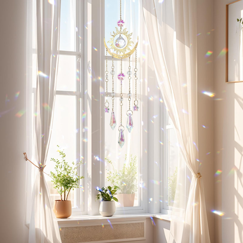 DEMIUKO Crystal Suncatcher, Suncatchers for Windows Hanging Sun and Moon SunCatchers with Crystals Rainbow Maker Outdoor Indoor Decor for Birthday Thanks Giving Christmas Home Garden (Sun and Moon)