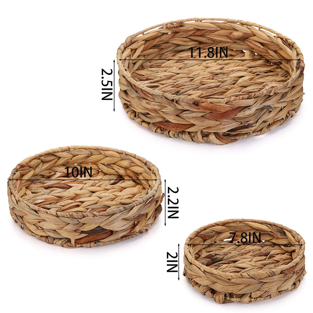 Cedilis Set of 3 Grass Round Fruit Basket, Hand Woven Coffee Table Tray, Decorative Storage Basket Tray for Decor Home, 11.8'', 10'', 7.8''