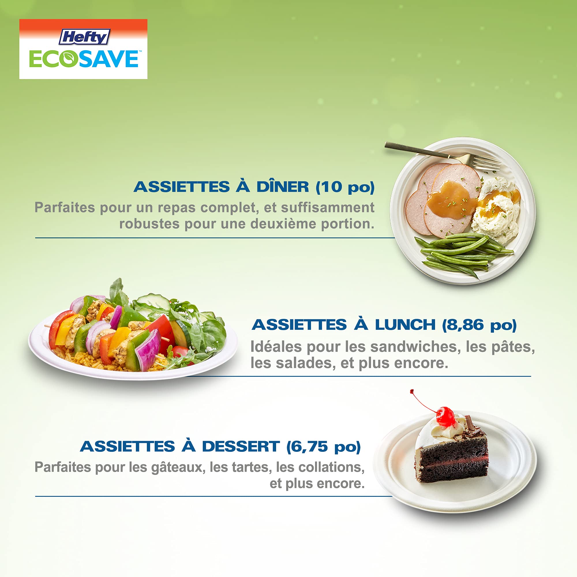 Hefty™ ECOSAVE Compostable Disposable 3-Compartment Paper Plates Dinner 10", 80 Count, White, Divided Plate so sauces and Foods Stay Where You Want Them to