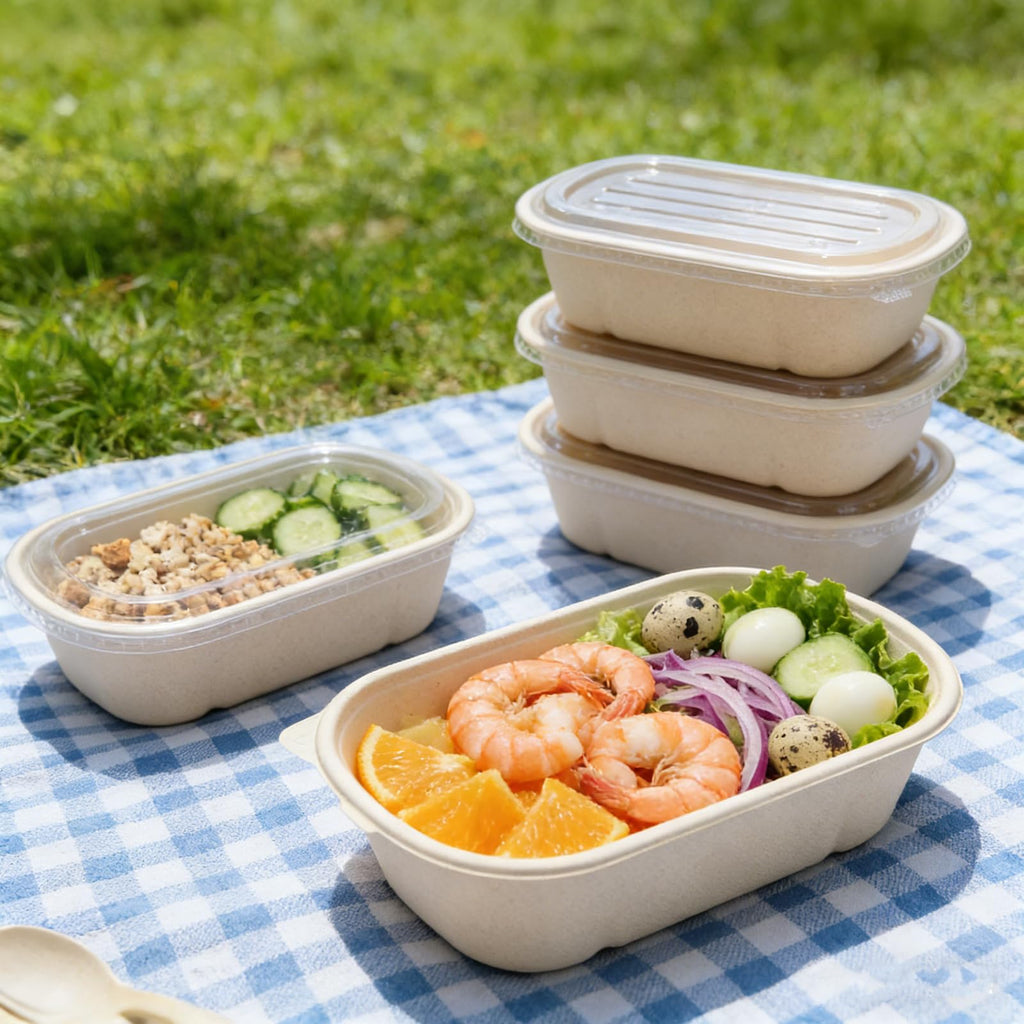 NROZIET 50 Pack Meal Prep Containers with PP Lid, 23oz Disposable Take Out Food Containers, Microwave Safe Cardboard Bagasse To Go Paper Bowls Soup Serving Bowls for Salad, Leftovers