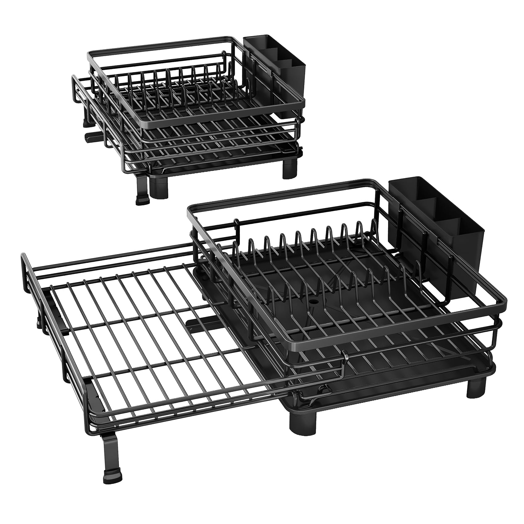 Dish Drying Rack - Extendable Dish Rack, Large Sink Drying Dish Drainer for Kitchen Counter, Stainless Steel Dish Strainer with Utensil Holder (Black)