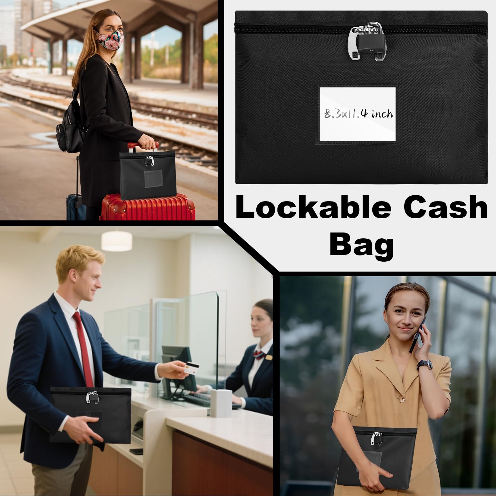 2 Pack Money Bag with Lock Oxford Locking Money Bag Lockable Cash Bags Black Money Bank Deposit Bag 8.3 x 11.4 inch Cashier Bags Document Bag with Lock 4 Keys for Business Bank