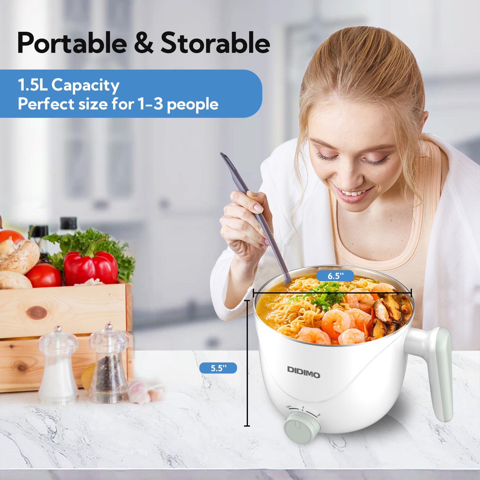 Hot Pot Electric, 1.5L Pink Portable Ramen Cooker with Over-Heating/Boil Dry Protection, Mini Hot Pot for Ramen, Egg, Pasta, Dumpling, Soup, Porridge, Oatmeal (White)
