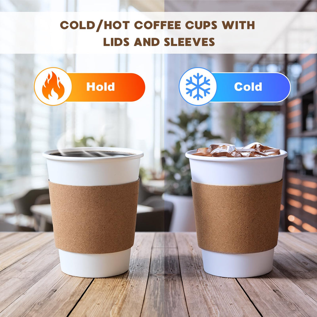 100 Pack 12oz Disposable Paper Coffee Cups with Lids & Sleeves, to Go Hot Coffee Cups for Tea Cocoa Chocolate Juice, Hot & Cold Drinking Paper Cup Bulk for Cafes Home Office Travels Parties
