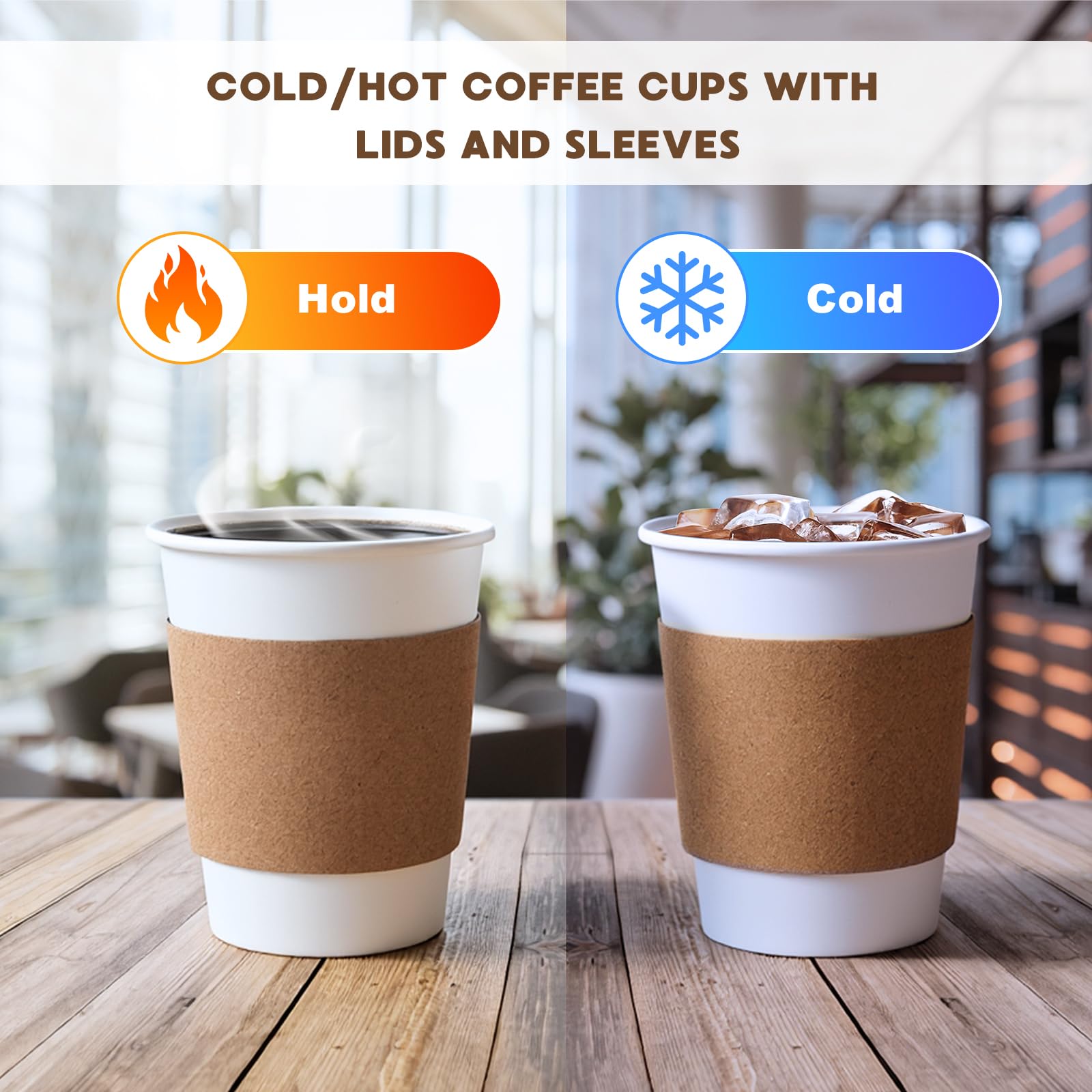 100 Pack 12oz Disposable Paper Coffee Cups with Lids & Sleeves, to Go Hot Coffee Cups for Tea Cocoa Chocolate Juice, Hot & Cold Drinking Paper Cup Bulk for Cafes Home Office Travels Parties