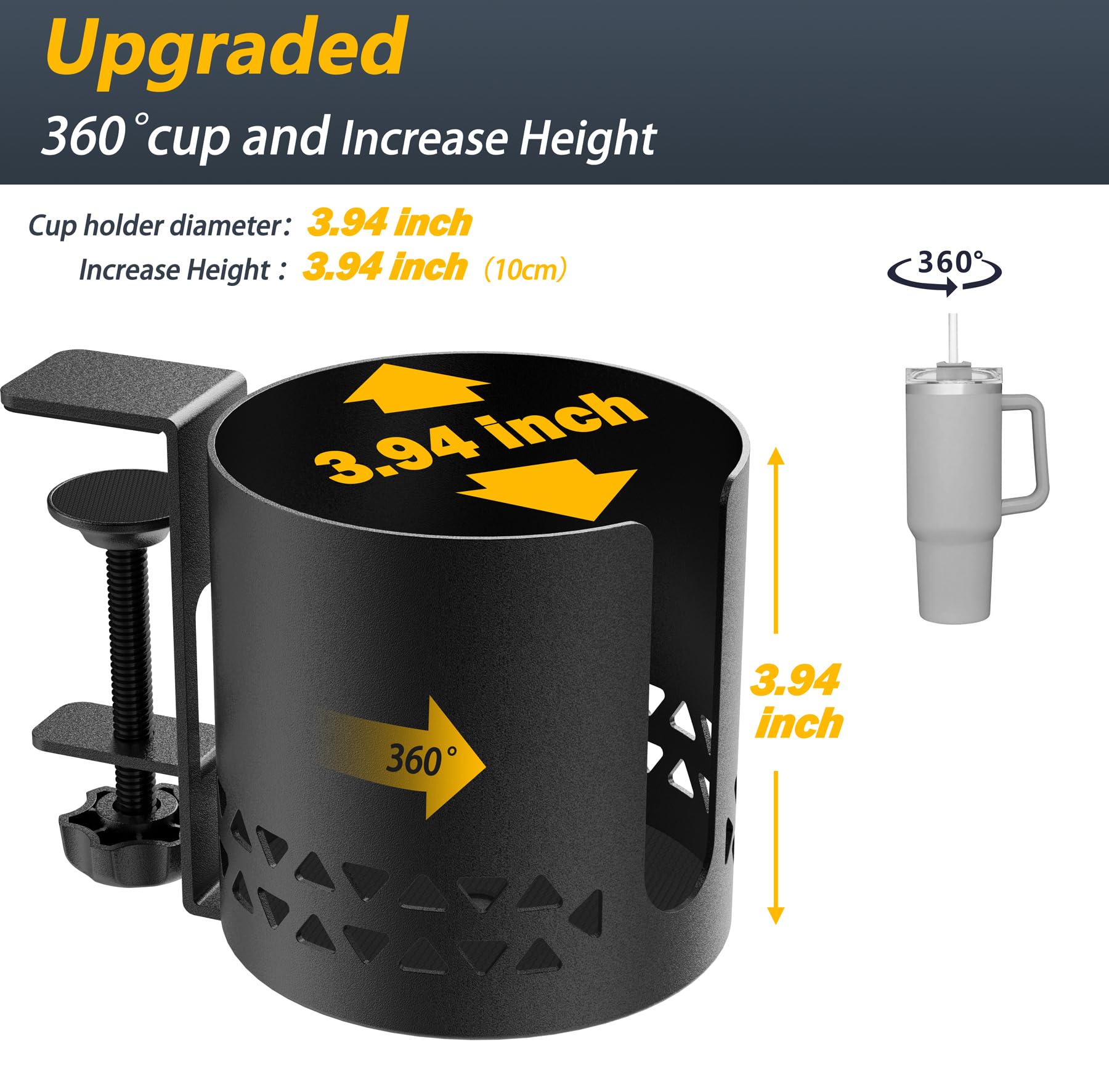 Sackei Deeper Desk Cup Holder Metal Under Desk, 360° Rotating PC Gaming Desk Accessories Anti-Spill Table Cup Holder Clamp on Chair for Coffee Mugs Stanley YETI Bottles, Pencil Holder