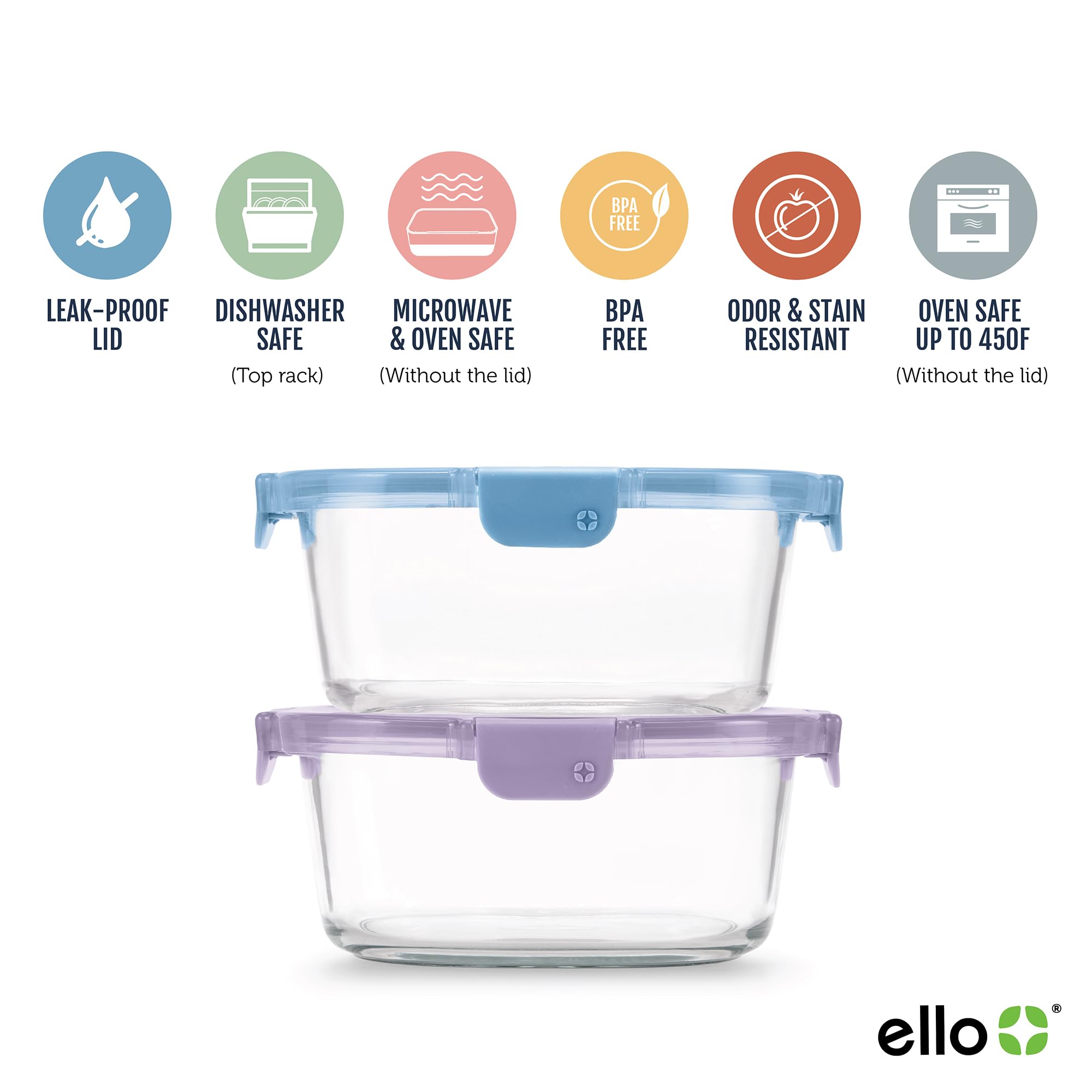 Ello Color Lock 7 Cup 4PC, 2 Pack Glass Meal Prep Sets Leak-Proof Glass Food Storage Containers with Airtight BPA-Free Plastic Lids, Dishwasher, Microwave, and Freezer Safe, Desert Festival