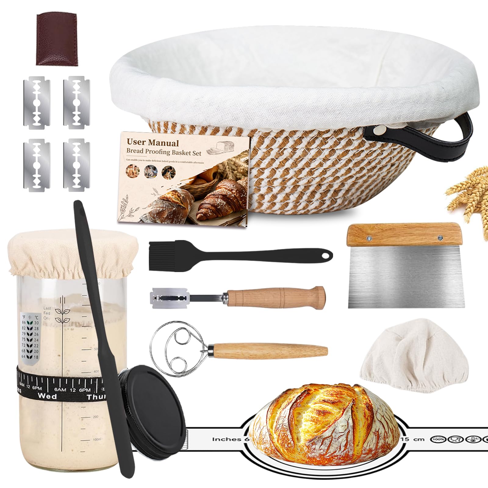 Sourdough Bread Starter Kit, Cotton Sourdough Kit Proofing Basket 10" Round, Banneton Bread Making Tools with Starter Jar,Dough Whisk,Bread Lame & Sling,Scraper and Brush Gifts for Bakers Women Mom
