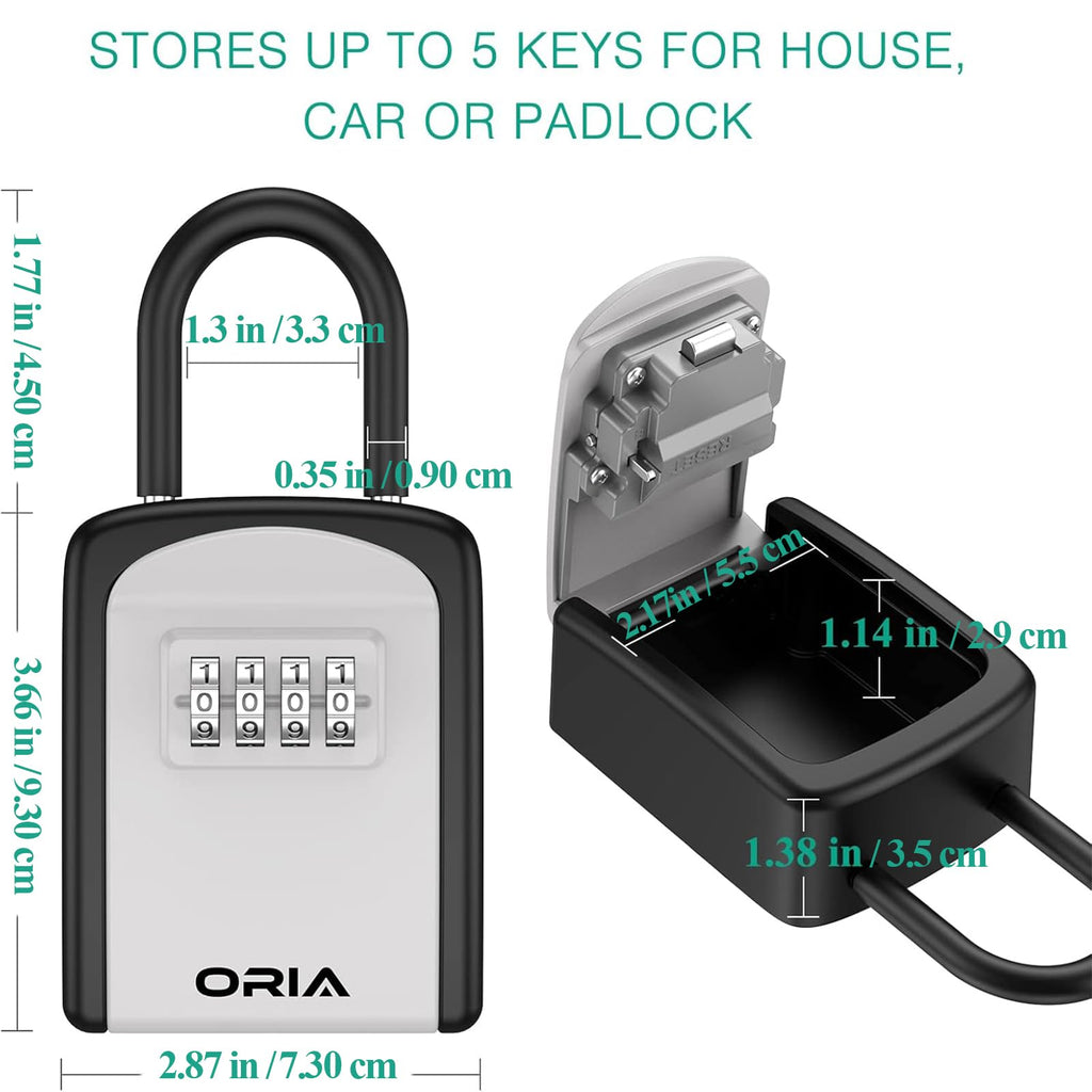 ORIA Key Lock Box, Lock Box for Keys Outdoor with Combination, Shackle, Weatherproof, for House, Hotel or Car - BlackSilver
