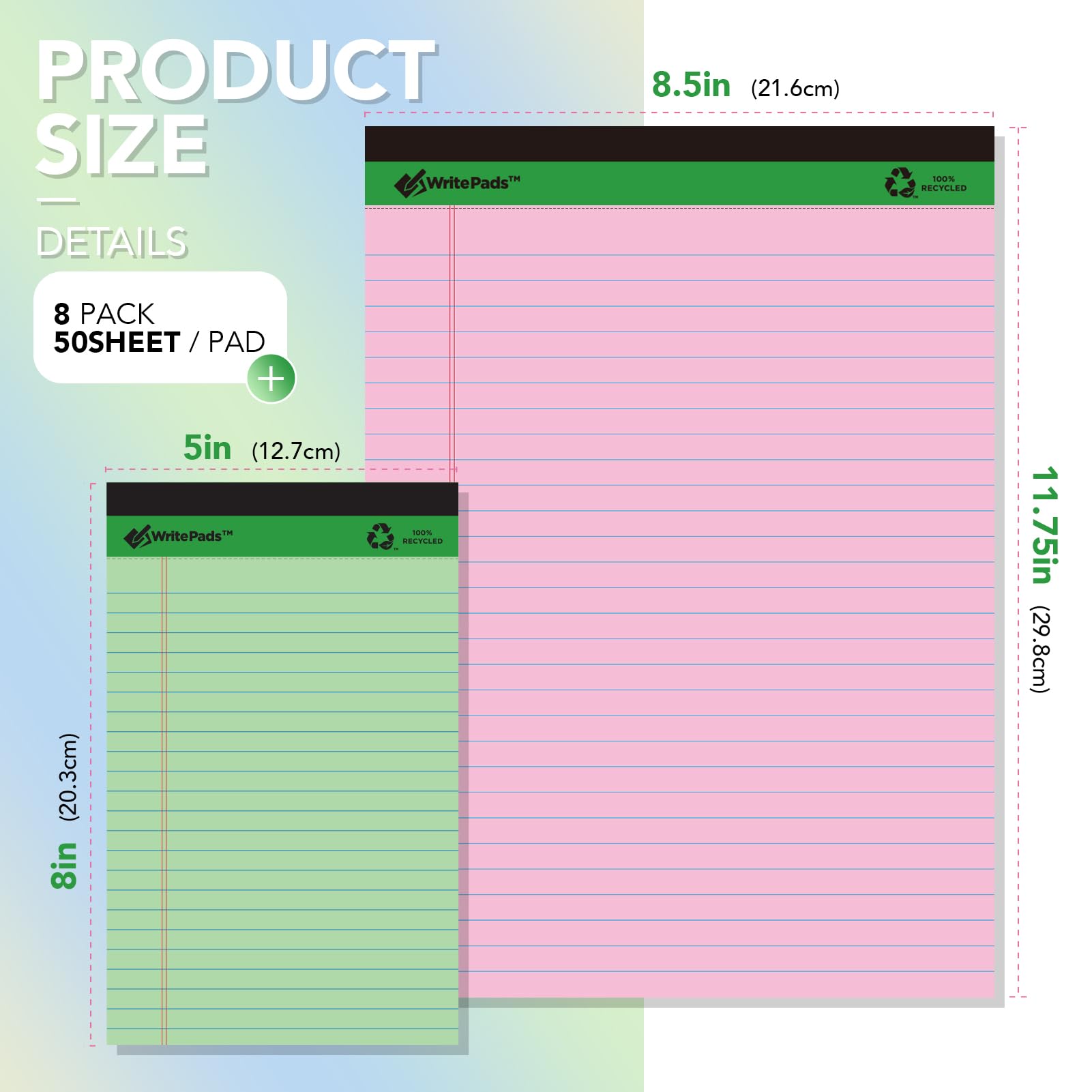 KAISA Colored Legal Pad 15lb Recycled Paper Writing Pad, 4pcs 5"x8" Legal Ruled and 4pcs 8.5" x 11.75" Wide Ruled, 50 Sheets, Mixed 8-Pack, KSU-7358