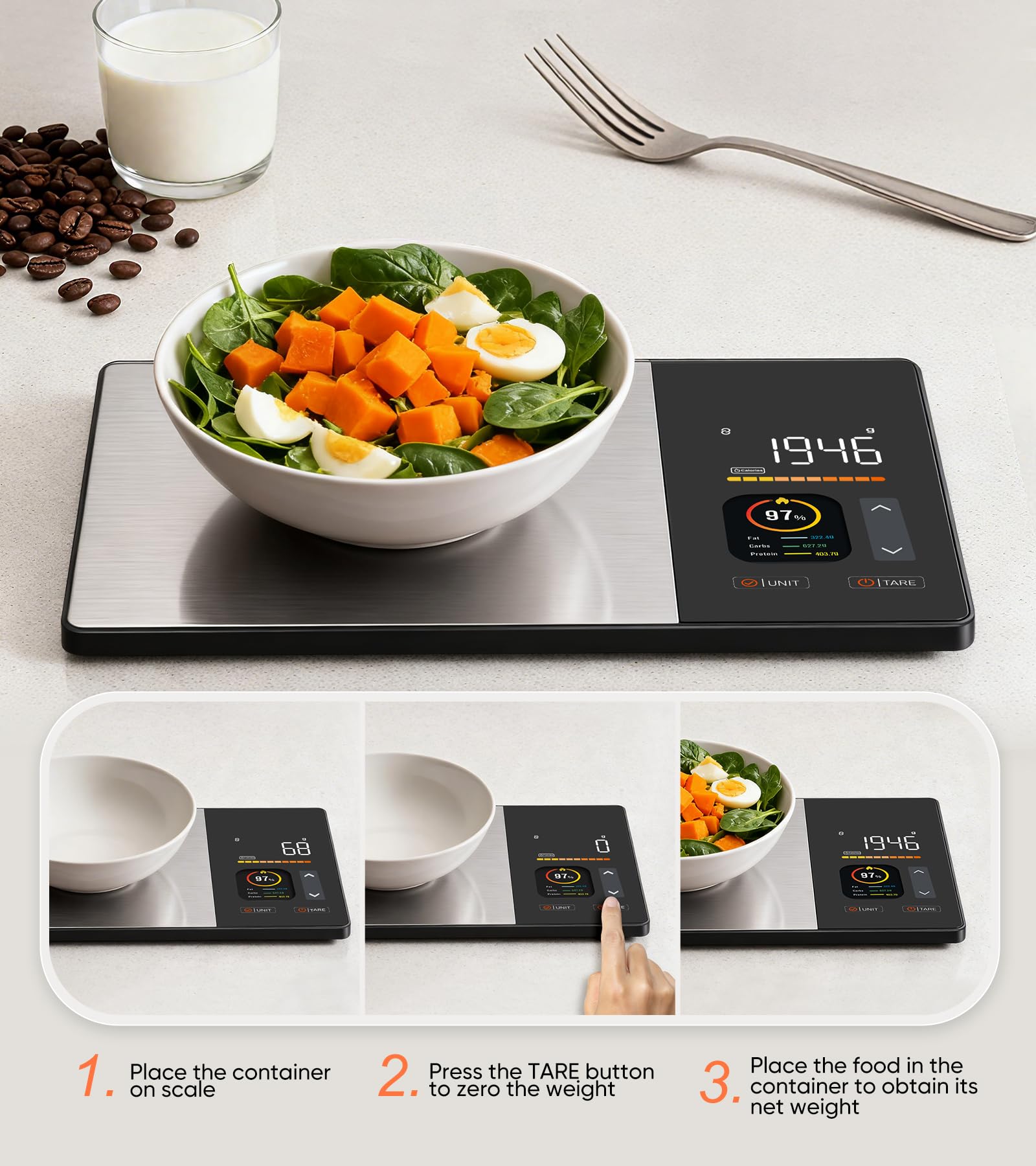 KUAIVO Smart Food Scale with TFT Display, Tracks Calories, Fat, Carbs & Protein, Works with App for Daily Nutrition Tracking, 50 Built-in Foods, 23 Nutrients, Digital Kitchen Scale for Meal Prep