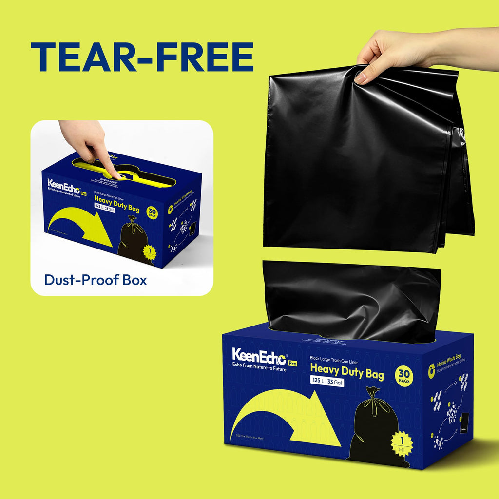 KeenEcho Heavy Duty Contractor Trash Bags 33 Gallon 30 Count, 1.0 Mil, Strong Black Garbage Bags, Leakproof Star Seal for Construction, Yard, Demolition Debris