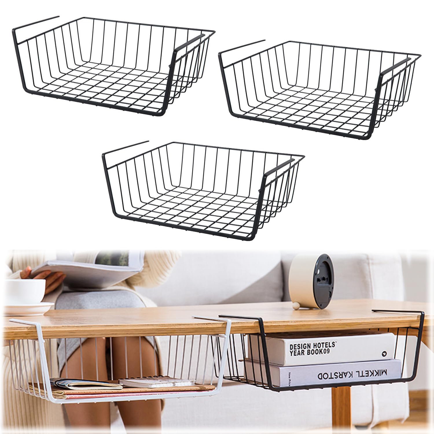 BEANPRECOY 3 Pcs Under Shelf Basket, Under Shelf Storage Basket, Dormitory & Office Desk Kitchen Storage Rack Multifunctional Hanging Basket for Kitchen, Bedroom, Closet, Pantry (Black)