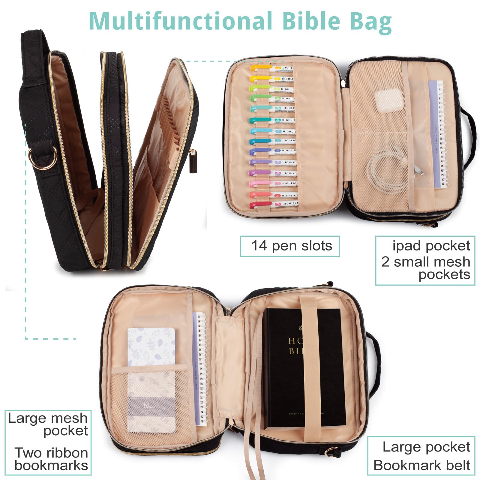 2 Layers Bible Cover for Women, Large Bible Case with Handles & Shoulder Strap, Carrying Bible Bag with Pocket