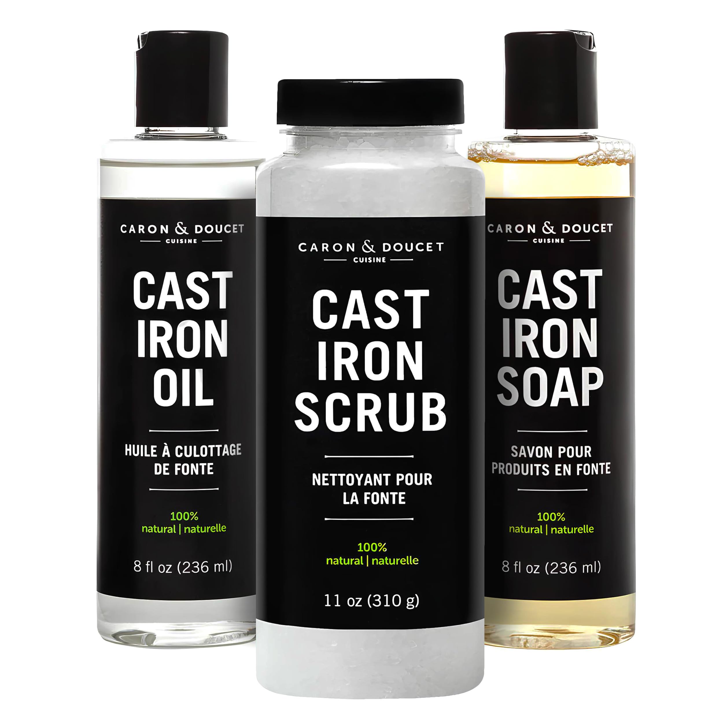 Caron & Doucet -Ultimate Cast Iron Care Set Seasoning Oil,Cleaning Soap & Restoring Scrub | 100% Plant-Based & Best for Cleaning,Washing,Restoring & Seasoning Cast Iron Skillets,Pans,Grills and More!