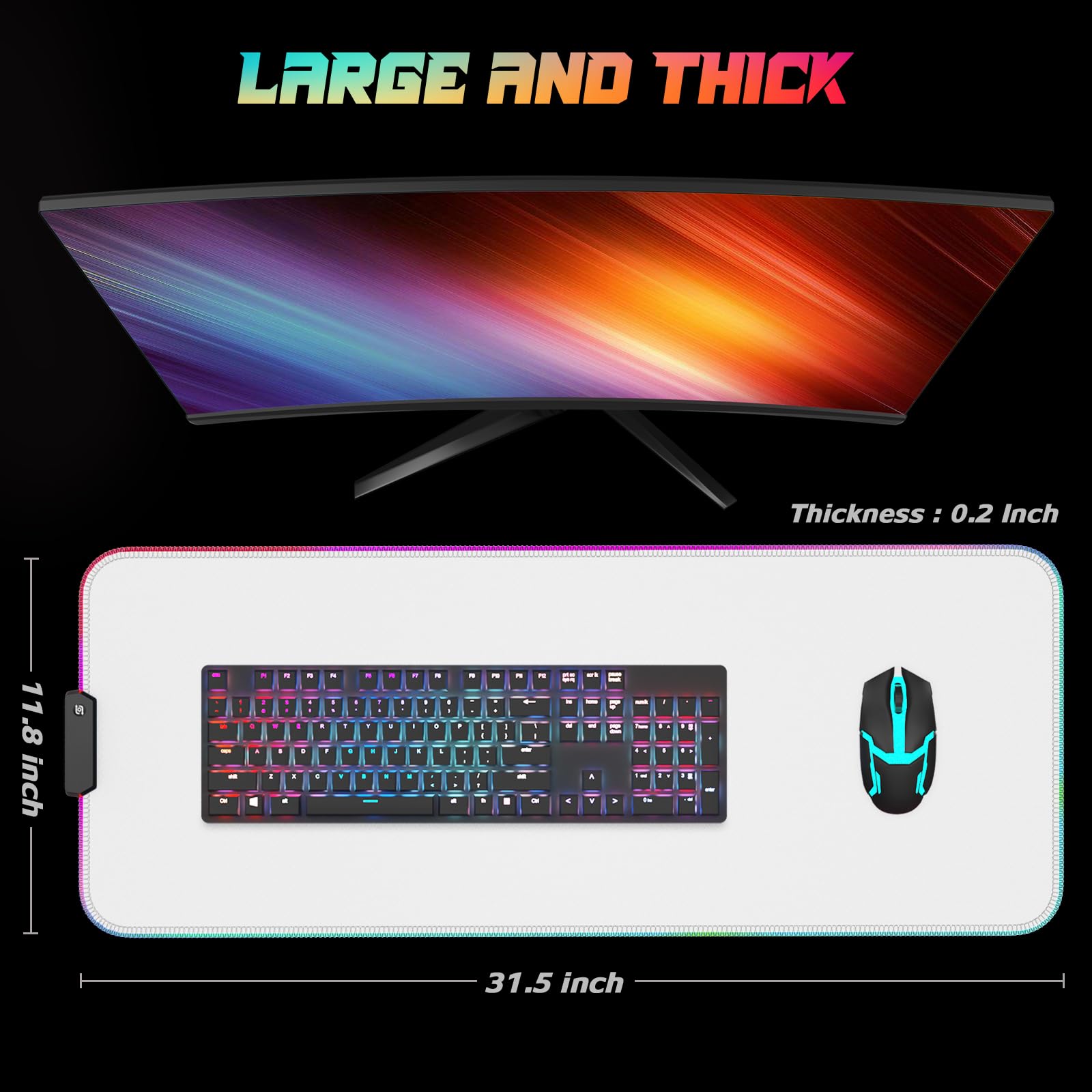 ITNRSIIET RGB Gaming Mouse Pad, Full Desk XL Extended Large Gaming Mousepad, 12 Lighting Modes, 30% Thicker, Big LED Desk Mat for Keyboard Computer Men Gamers Esport Pros, 32" x 12", White